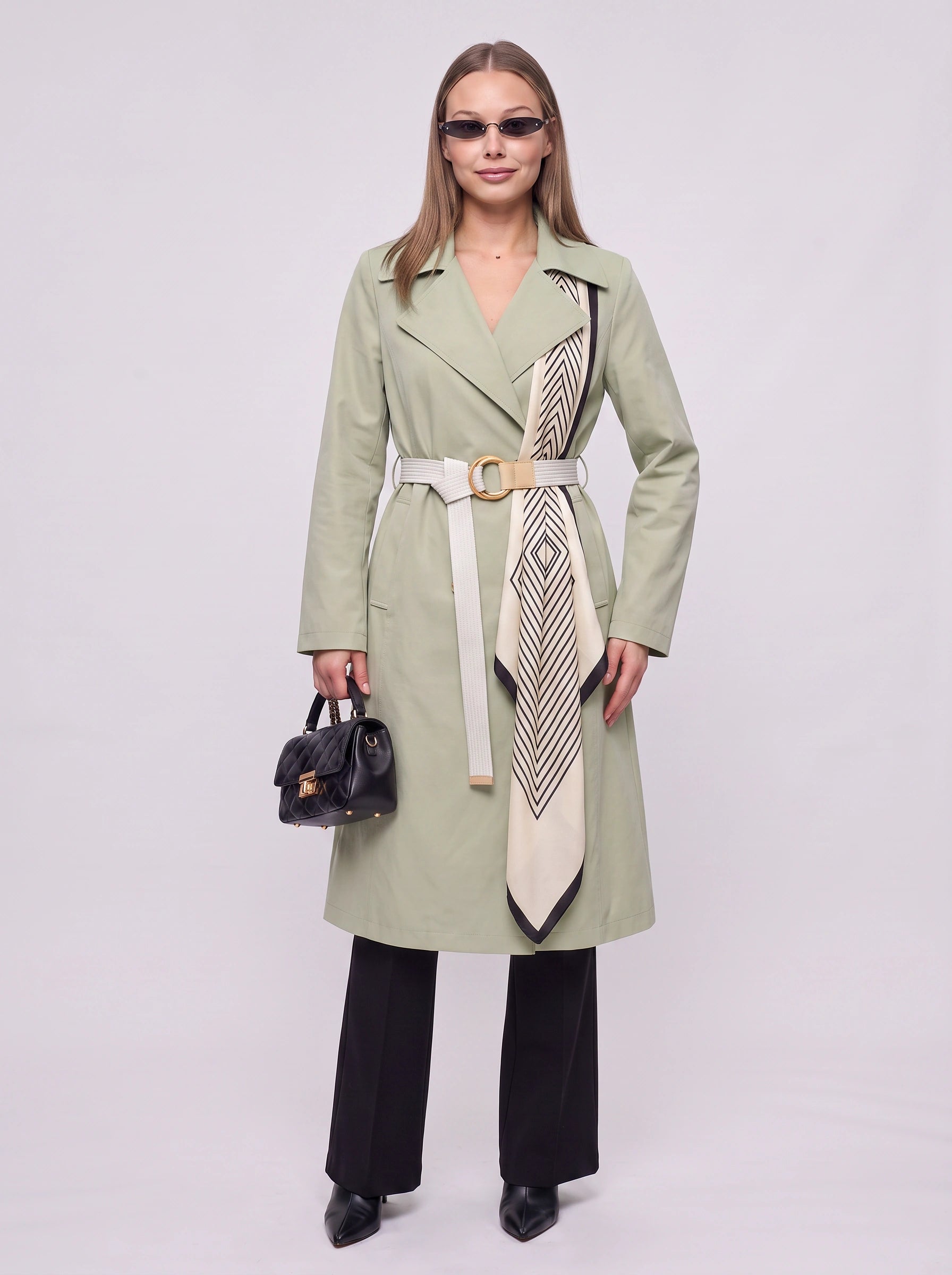 Chevriga Belted Trench Coat – Women Longline Winter Geometric Scarf Detail Classic Trench Jacket