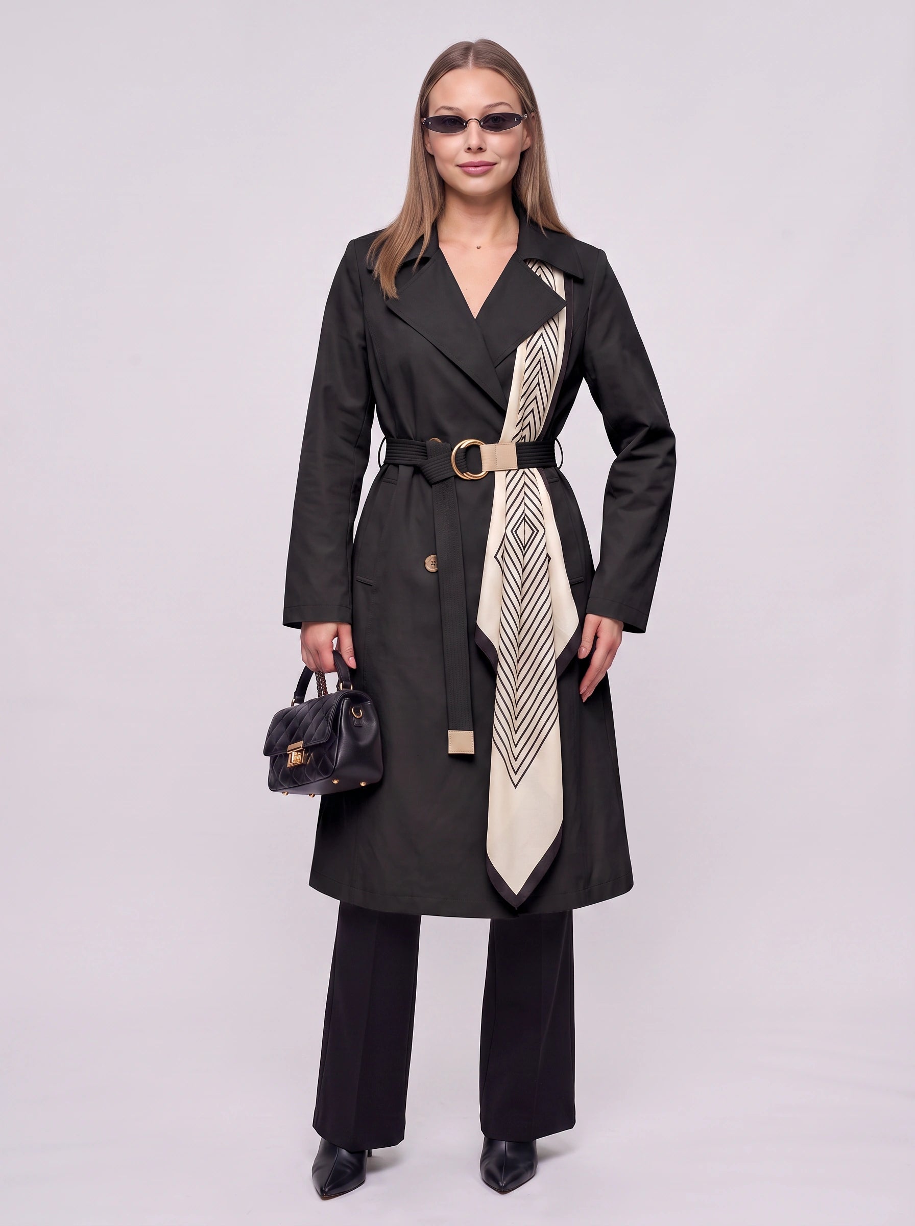 Chevriga Belted Trench Coat – Women Longline Winter Geometric Scarf Detail Classic Trench Jacket