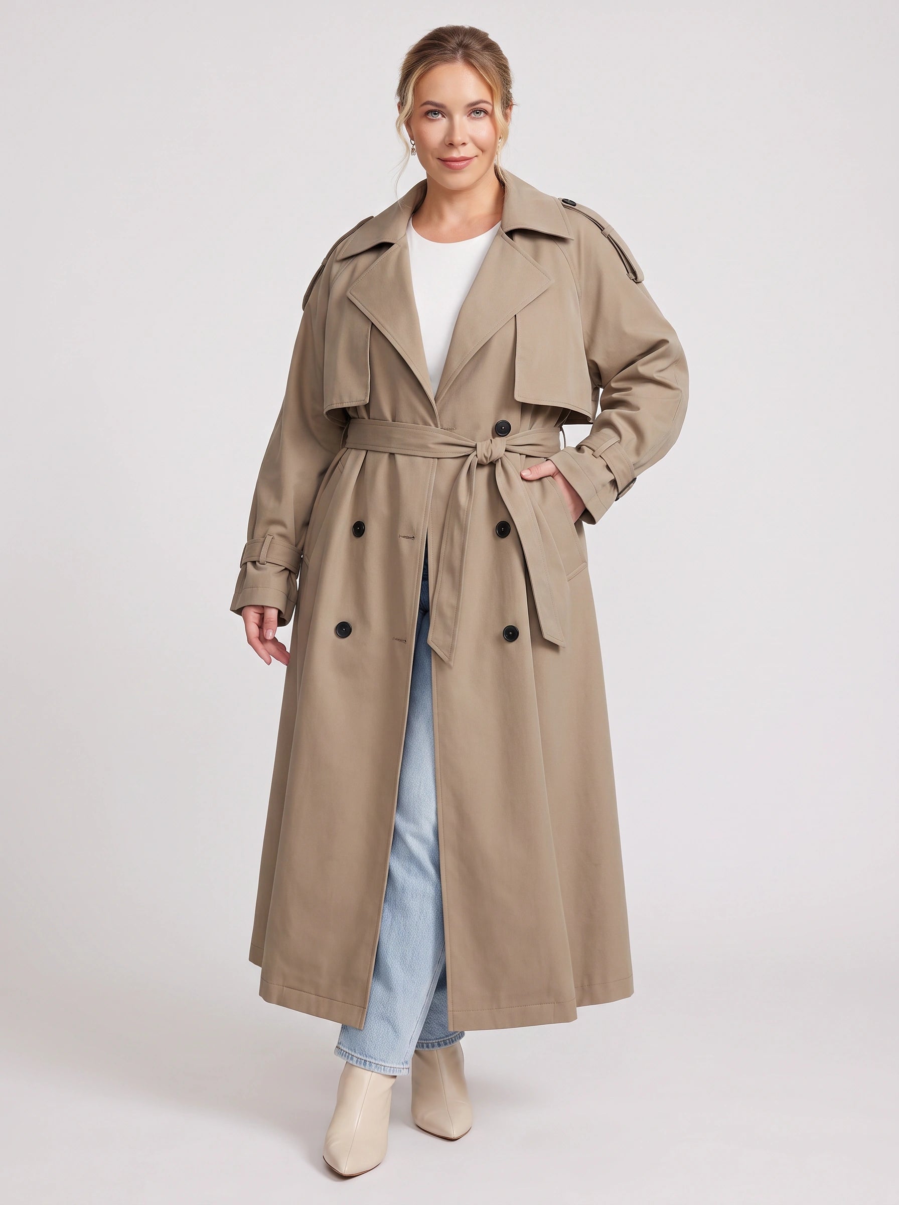 Marescot Oversized Trench Coat – Double-Breasted Longline Women Winter Classic Belted Long Trench Coat
