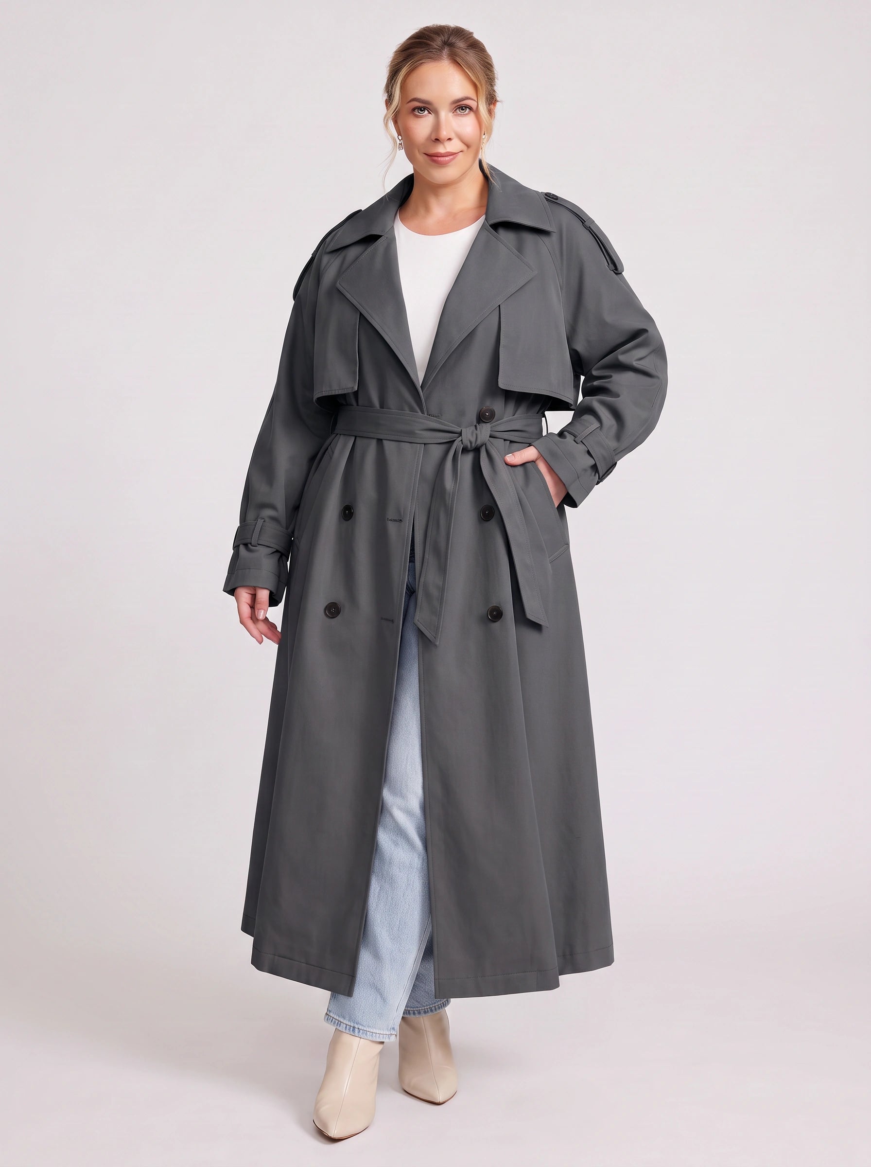 Marescot Oversized Trench Coat – Double-Breasted Longline Women Winter Classic Belted Long Trench Coat