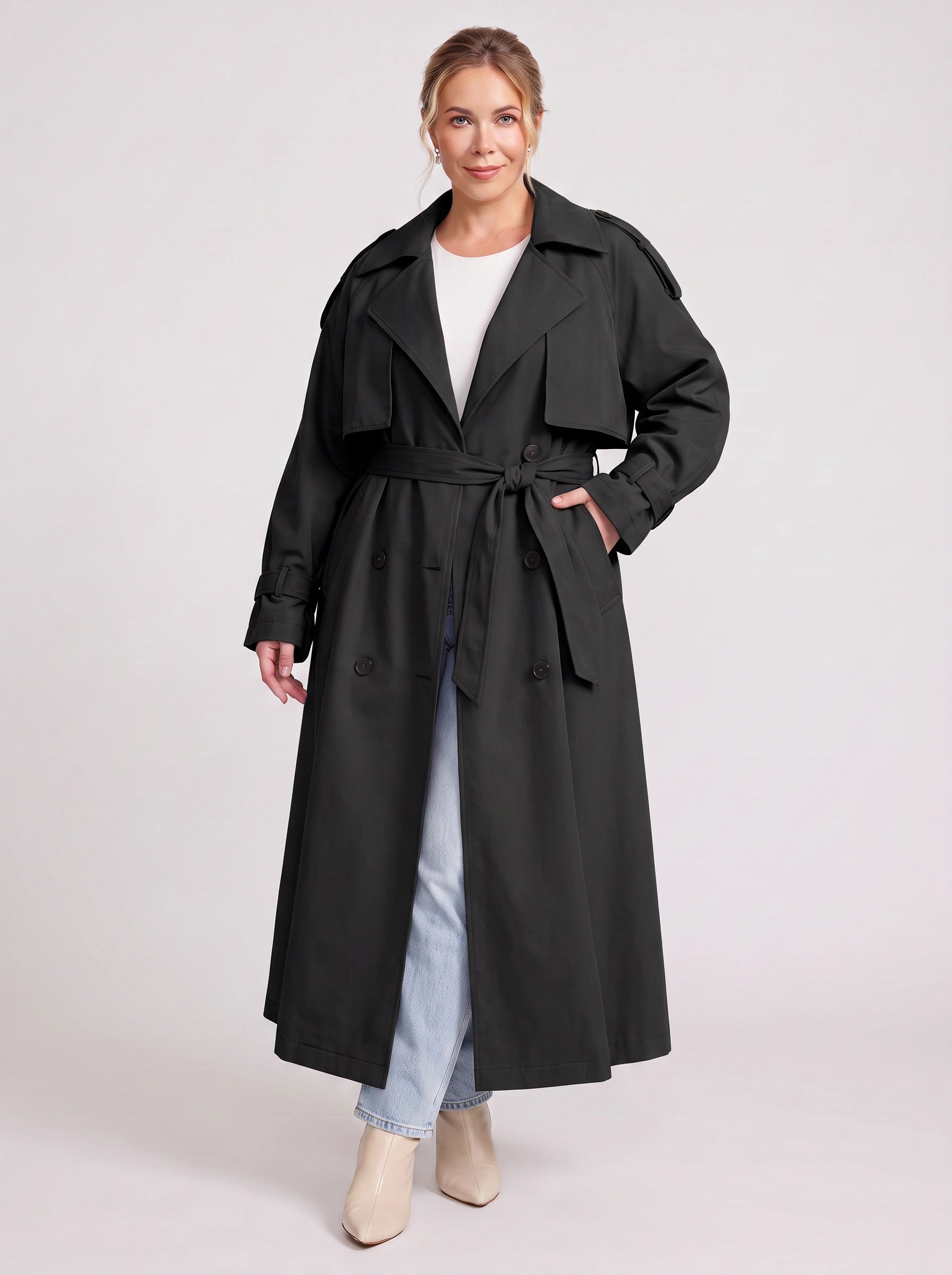Marescot Oversized Trench Coat – Double-Breasted Longline Women Winter Classic Belted Long Trench Coat