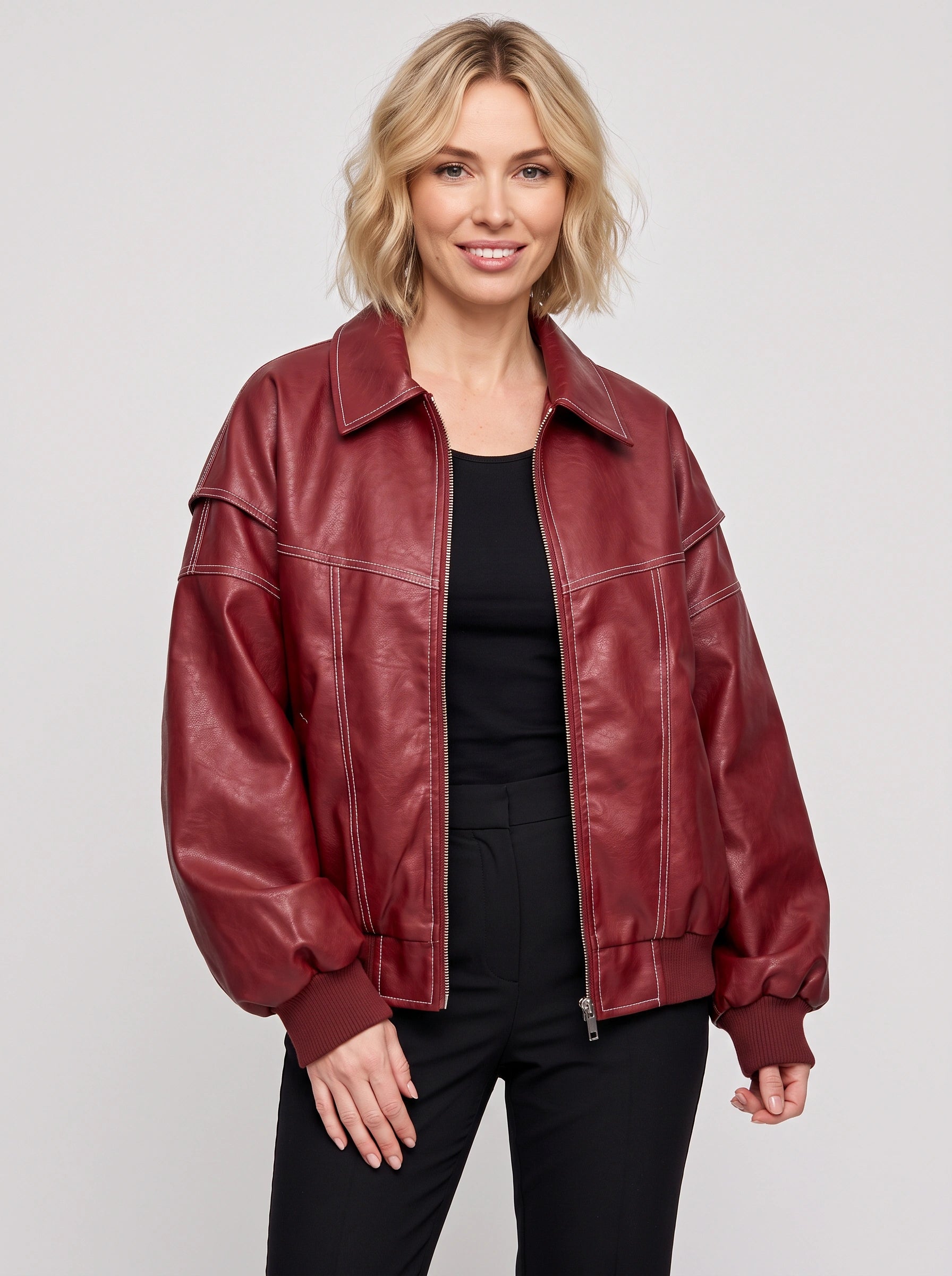 Roquex Oversized Leather Bomber Jacket – Women Streetwear Casual Outerwear Winter Contrast Stitch Ribbed Cuff Jacket