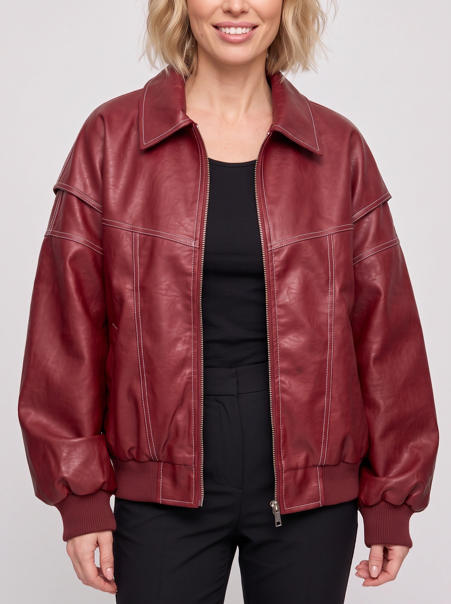 Roquex Oversized Leather Bomber Jacket – Women Streetwear Casual Outerwear Winter Contrast Stitch Ribbed Cuff Jacket