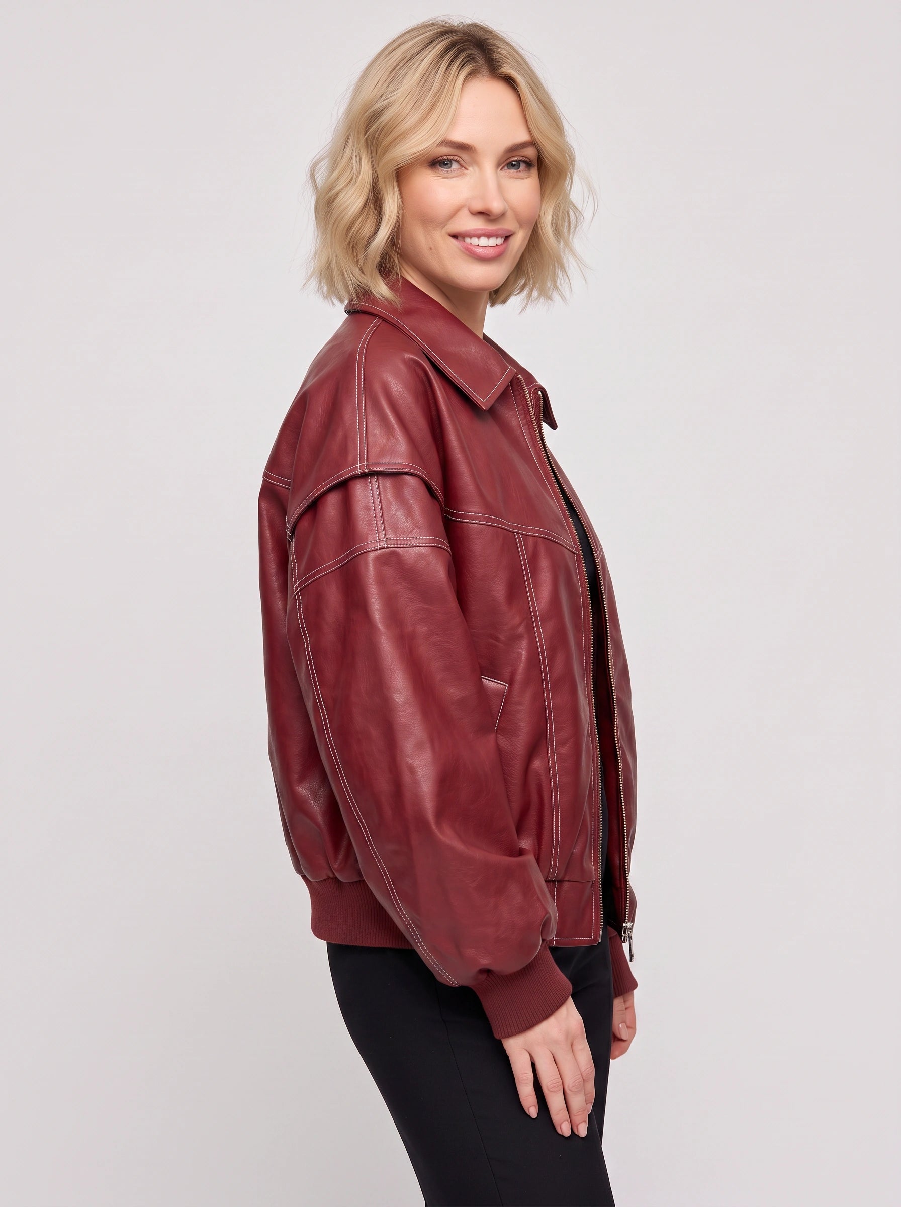 Roquex Oversized Leather Bomber Jacket – Women Streetwear Casual Outerwear Winter Contrast Stitch Ribbed Cuff Jacket