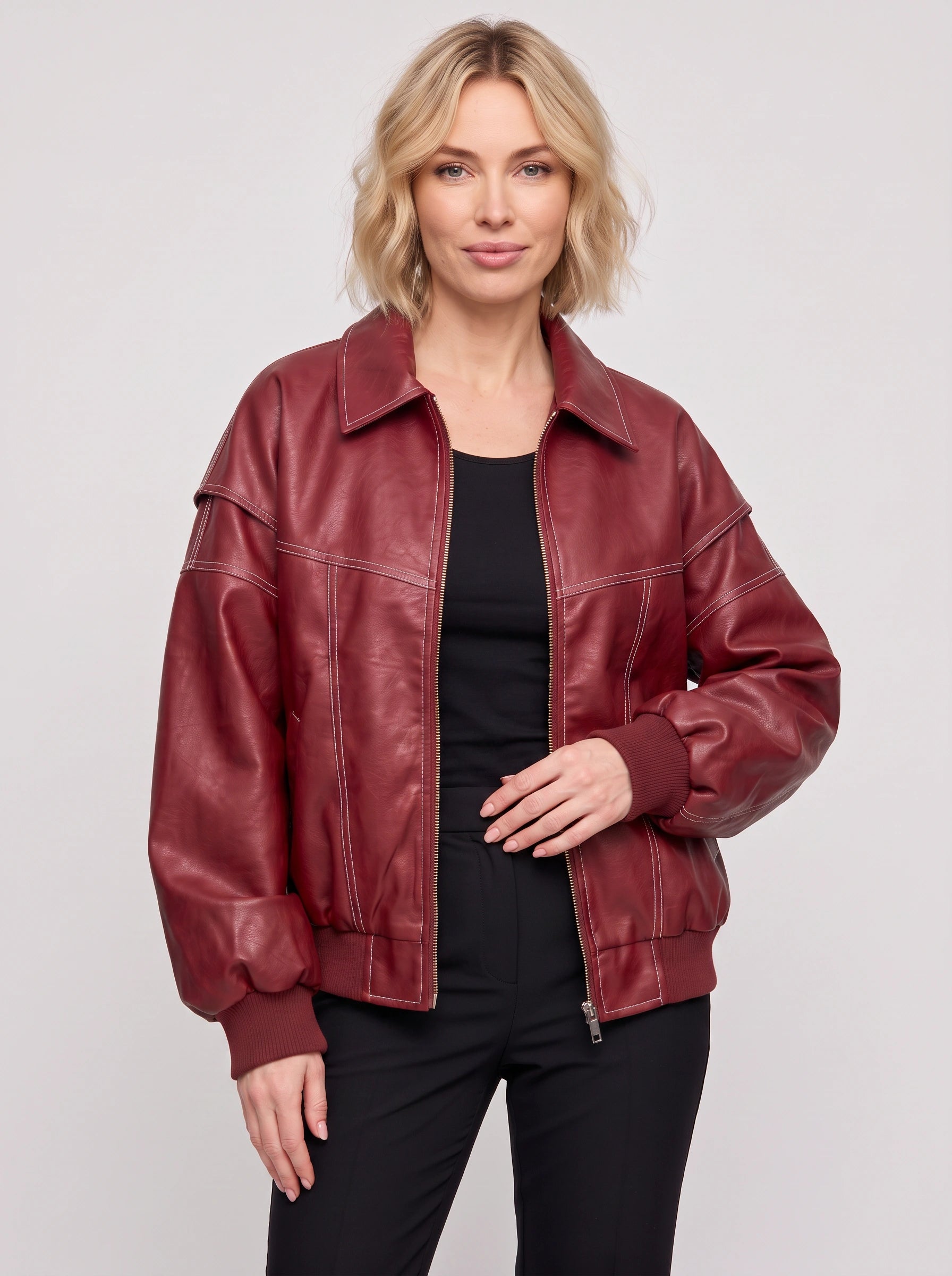 Roquex Oversized Leather Bomber Jacket – Women Streetwear Casual Outerwear Winter Contrast Stitch Ribbed Cuff Jacket