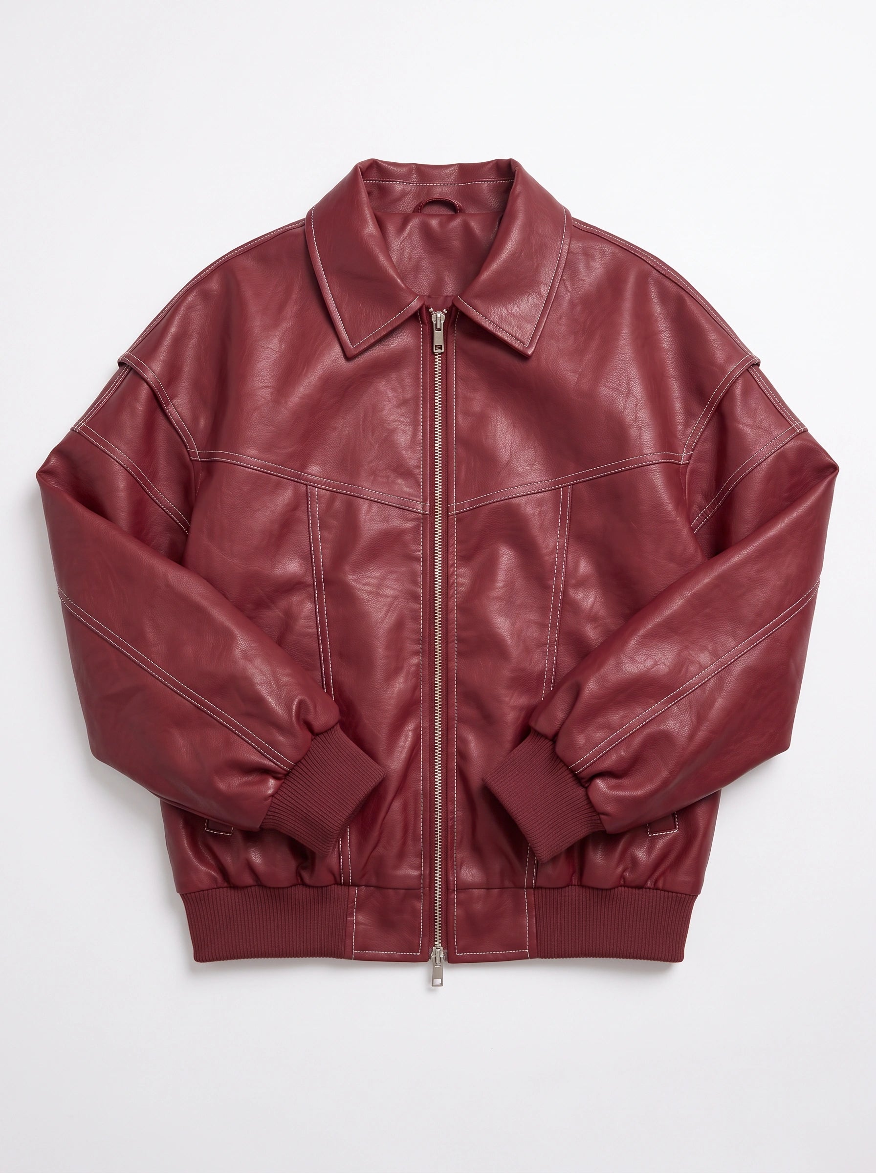 Roquex Oversized Leather Bomber Jacket – Women Streetwear Casual Outerwear Winter Contrast Stitch Ribbed Cuff Jacket