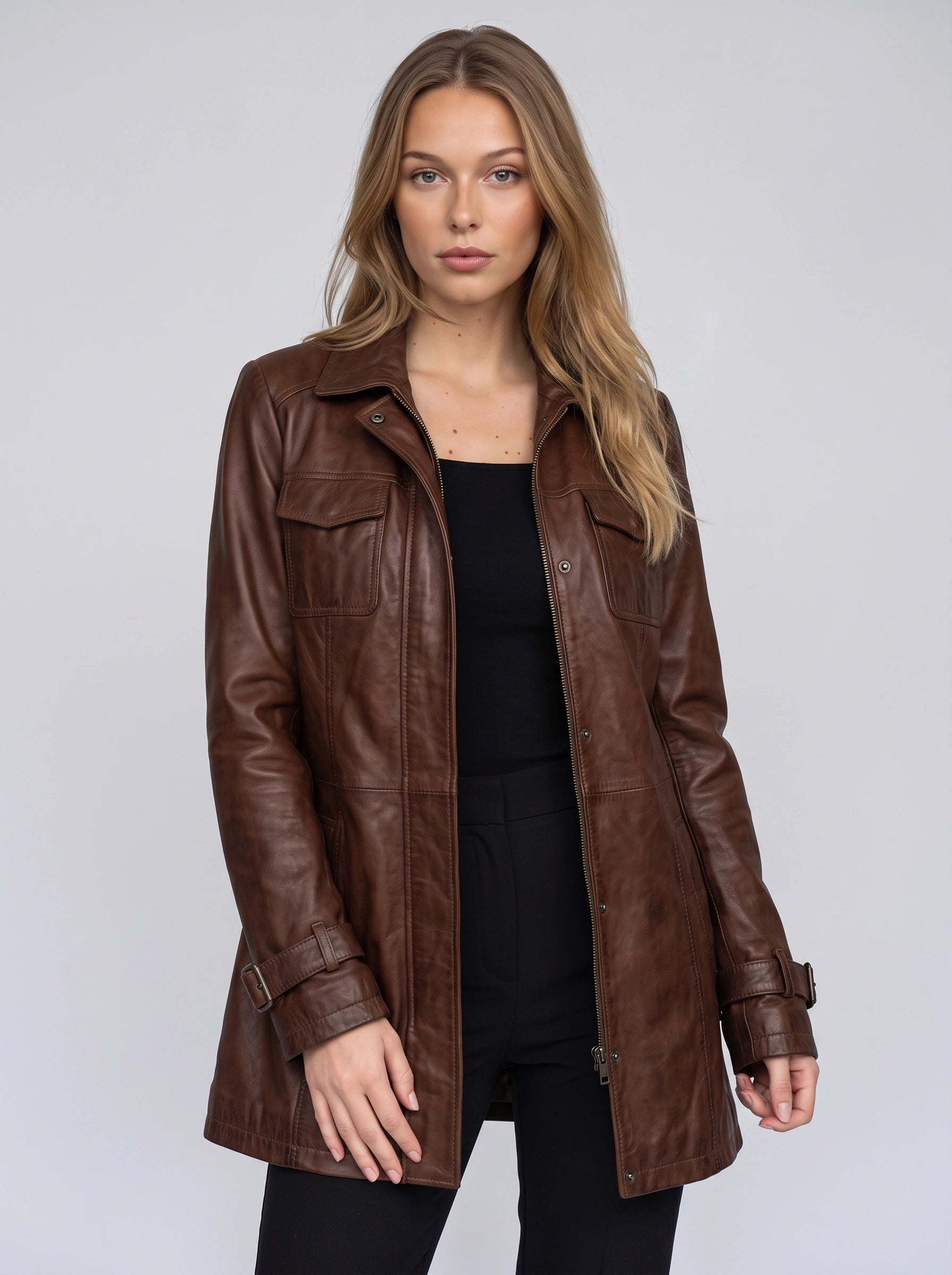Buckston Longline Utility Jacket – Leather Coat Women Zip Front Pocket Detail Winter Casual Outerwear