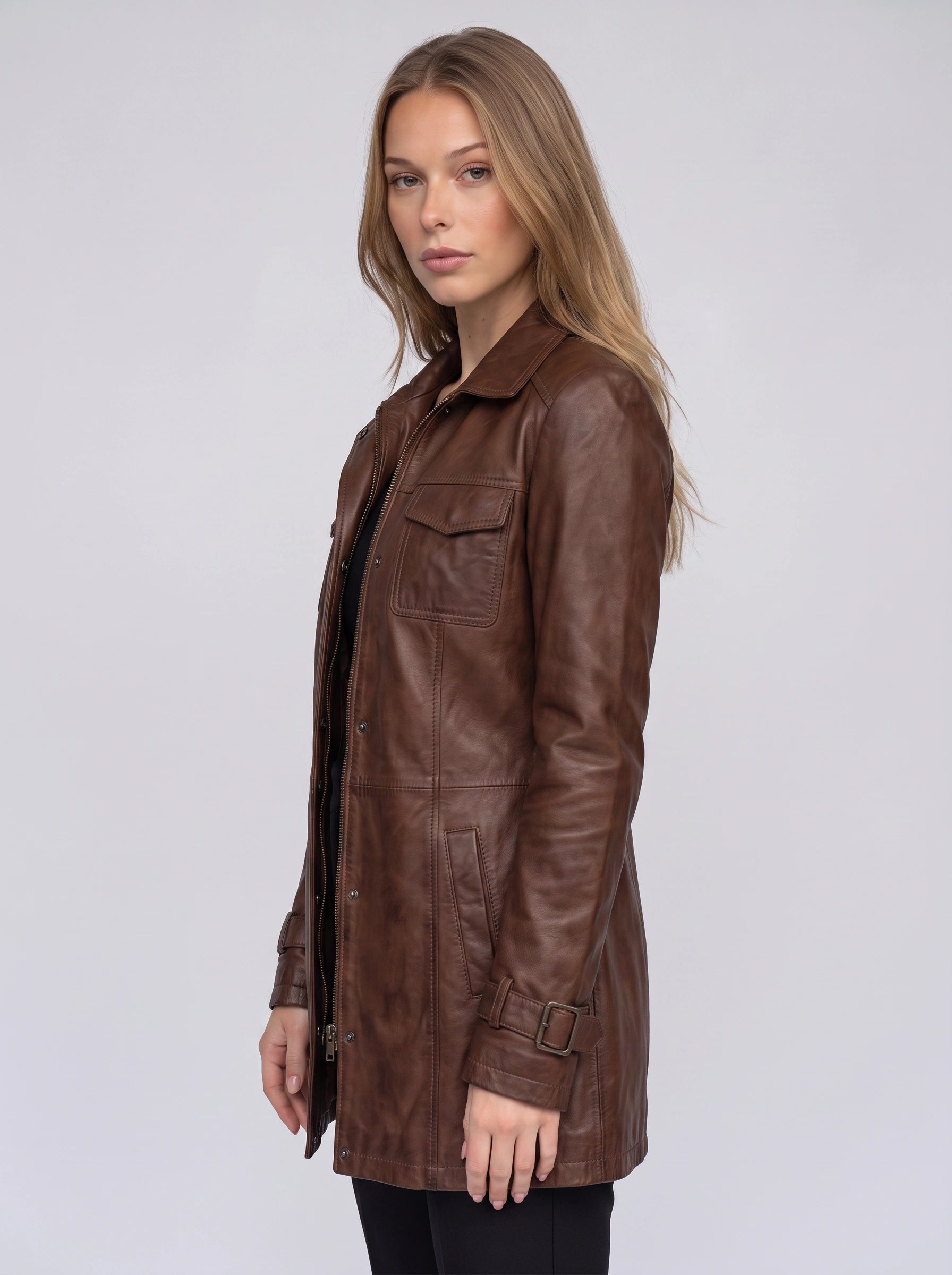 Buckston Longline Utility Jacket – Leather Coat Women Zip Front Pocket Detail Winter Casual Outerwear