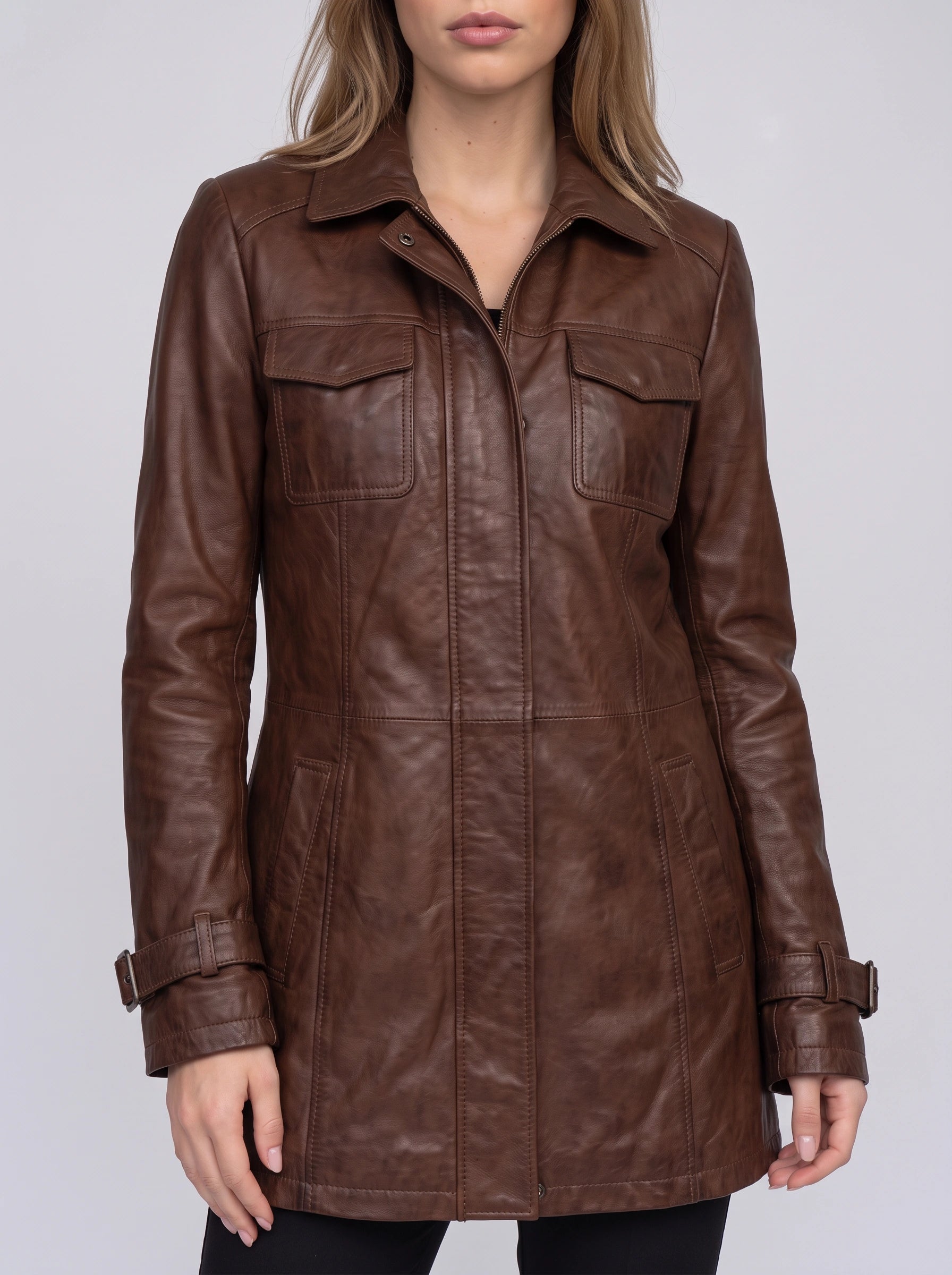 Buckston Longline Utility Jacket – Leather Coat Women Zip Front Pocket Detail Winter Casual Outerwear