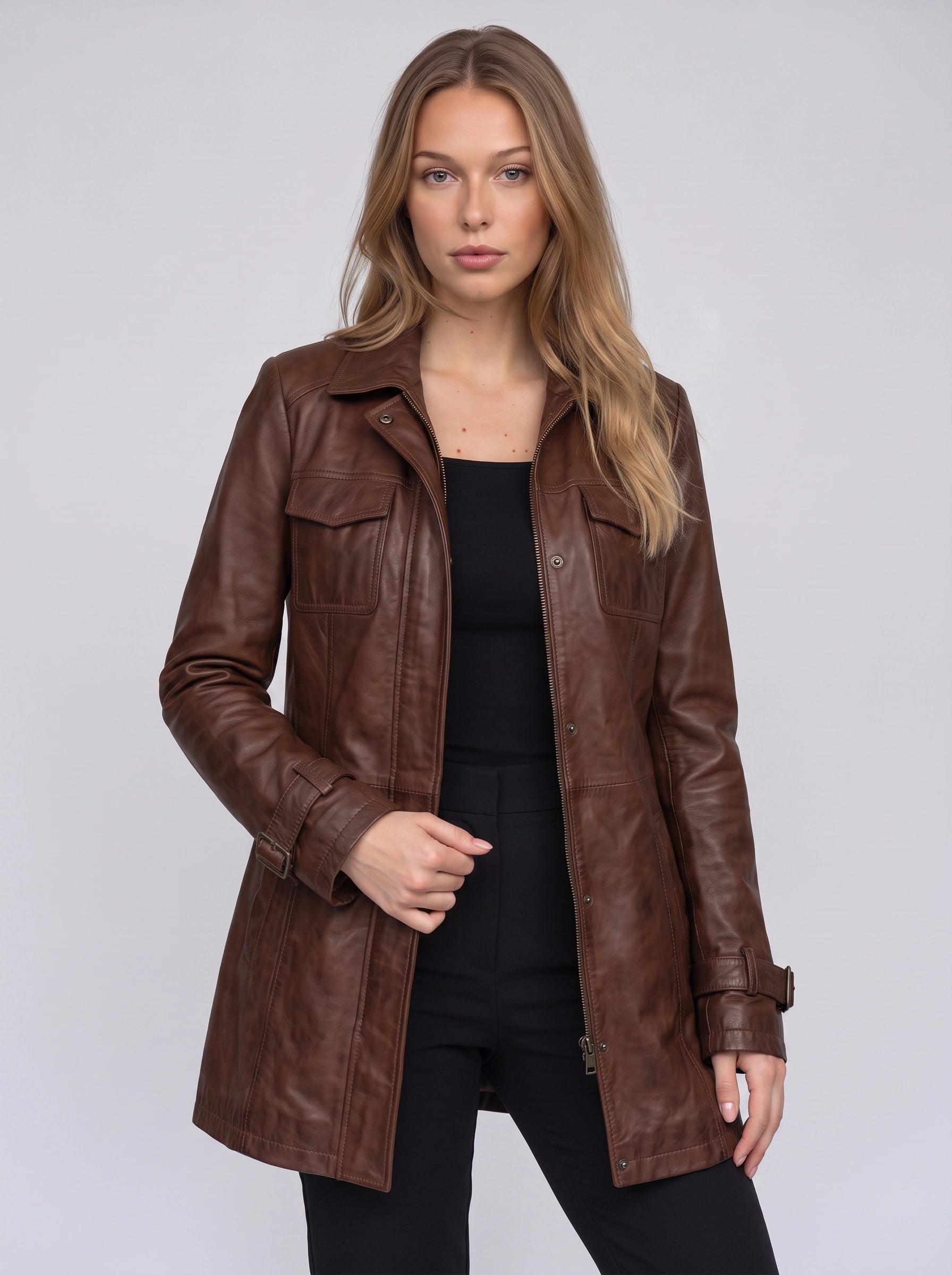 Buckston Longline Utility Jacket – Leather Coat Women Zip Front Pocket Detail Winter Casual Outerwear