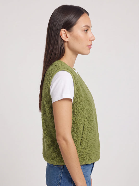 Gilet matelassé en polaire sherpa Marlow – gilet décontracté pour femme, fermeture à boutons-pression, doublé, superposition d’hiver pour l’extérieur