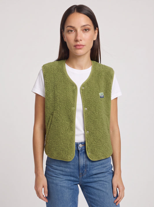 Gilet matelassé en polaire sherpa Marlow – gilet décontracté pour femme, fermeture à boutons-pression, doublé, superposition d’hiver pour l’extérieur