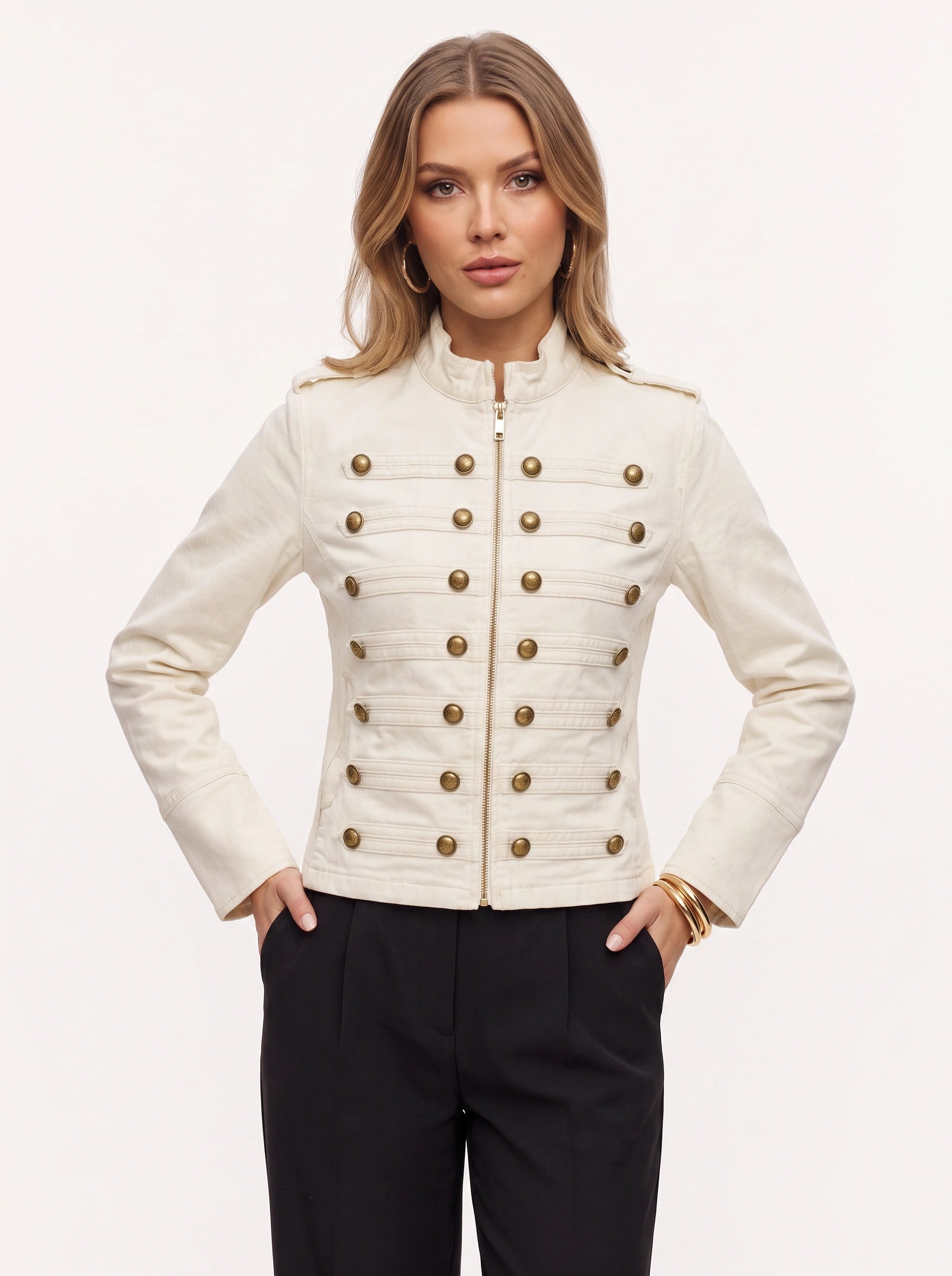 Brigadon Military Band Jacket – Women Fitted Structured Gold Button Officer Outerwear Winter Jacket