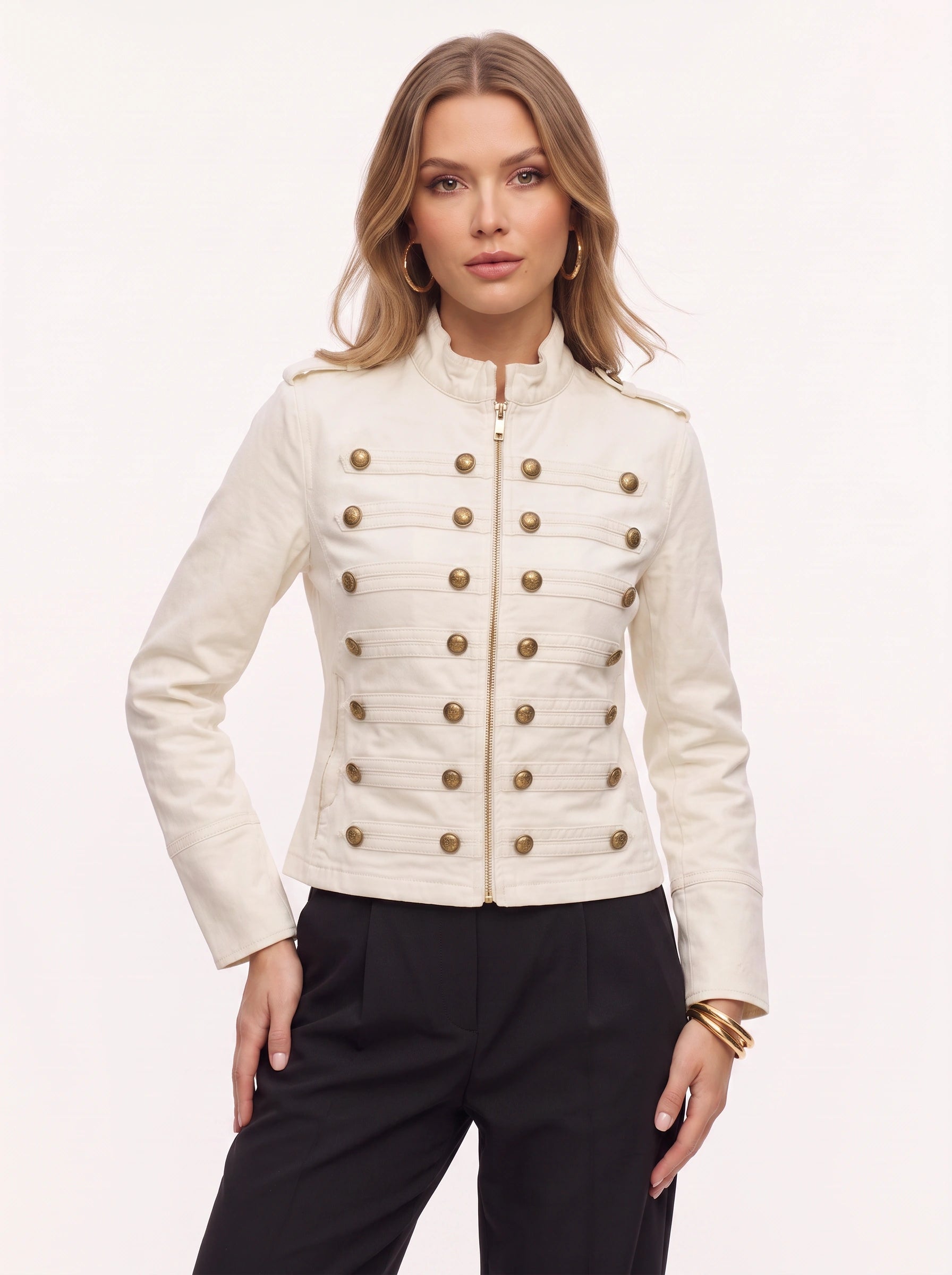 Brigadon Military Band Jacket – Women Fitted Structured Gold Button Officer Outerwear Winter Jacket