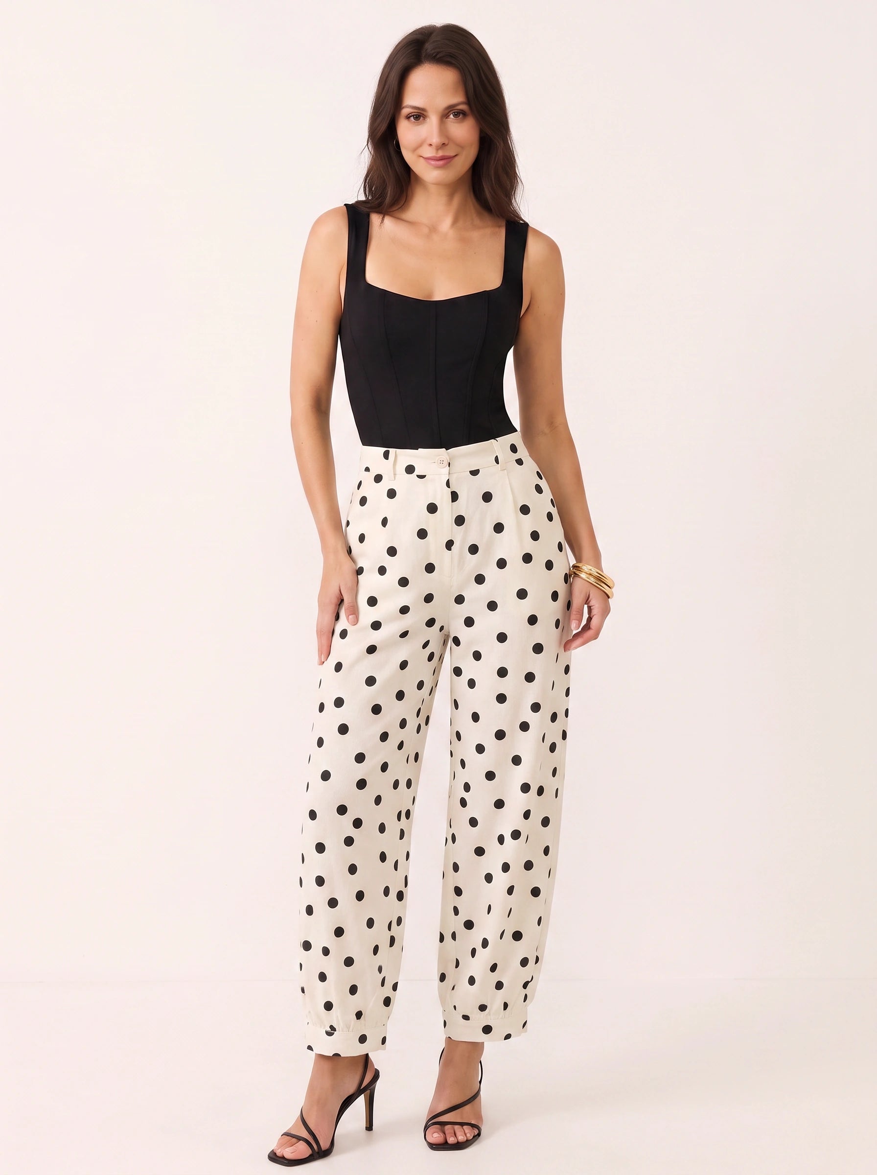 Puntada High-Waist Wide-Leg Crop Pants – Polka Dot Trouser Women Casual Office Vintage Retro Wide-Leg Crop Pants