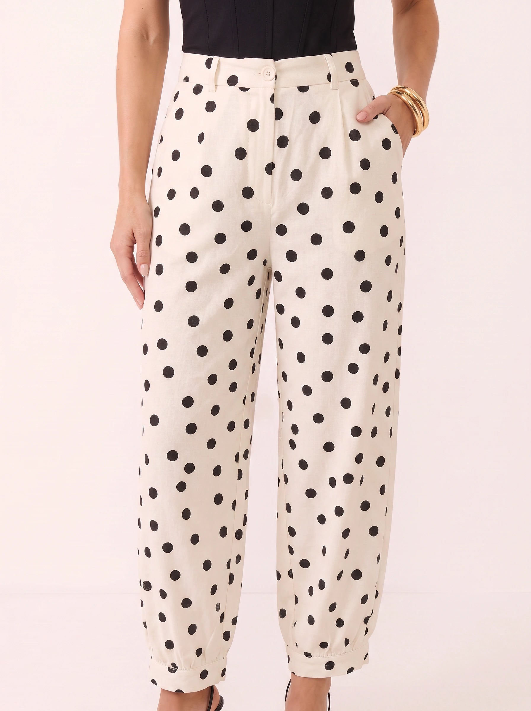 Puntada High-Waist Wide-Leg Crop Pants – Polka Dot Trouser Women Casual Office Vintage Retro Wide-Leg Crop Pants