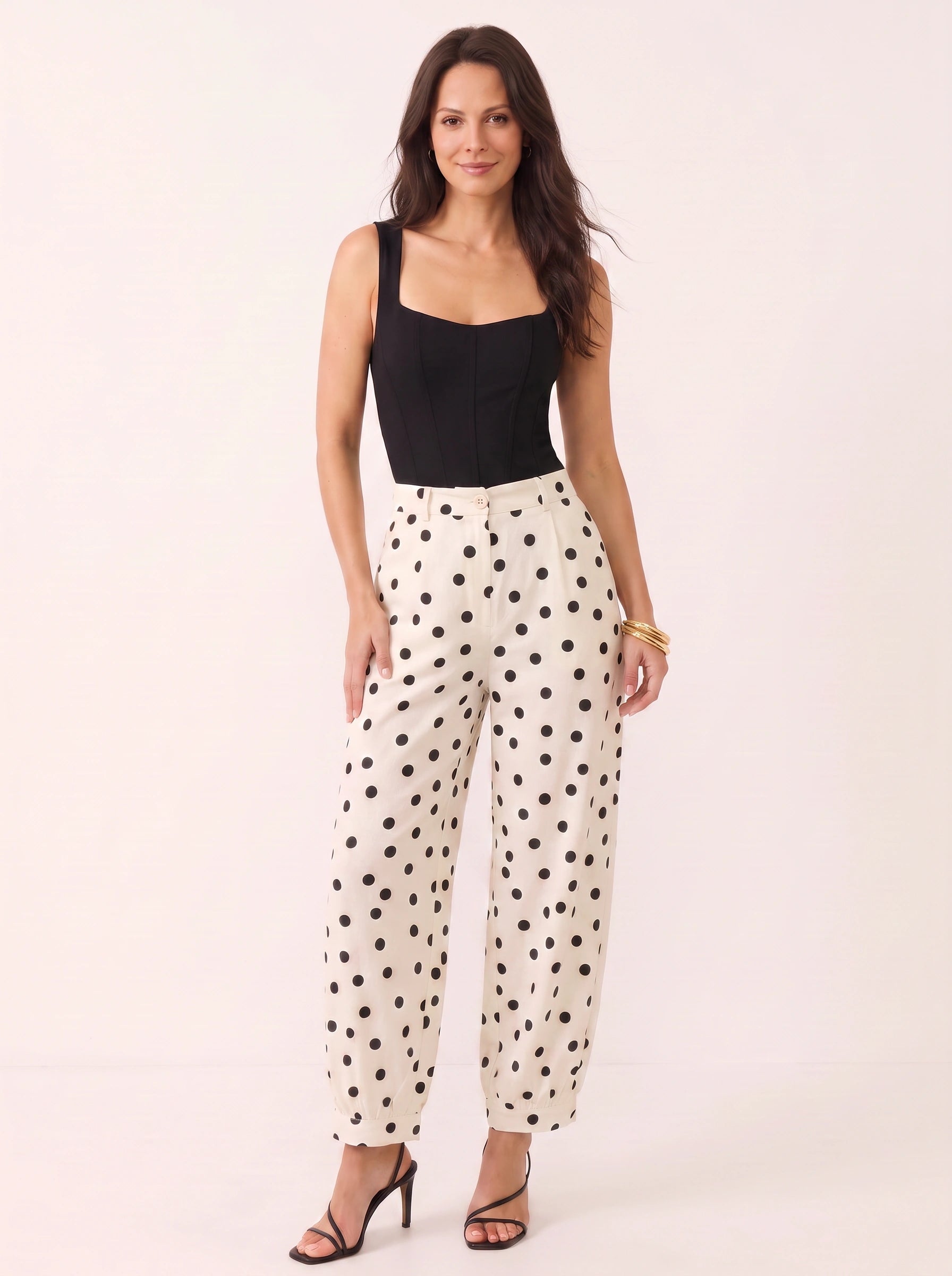 Puntada High-Waist Wide-Leg Crop Pants – Polka Dot Trouser Women Casual Office Vintage Retro Wide-Leg Crop Pants
