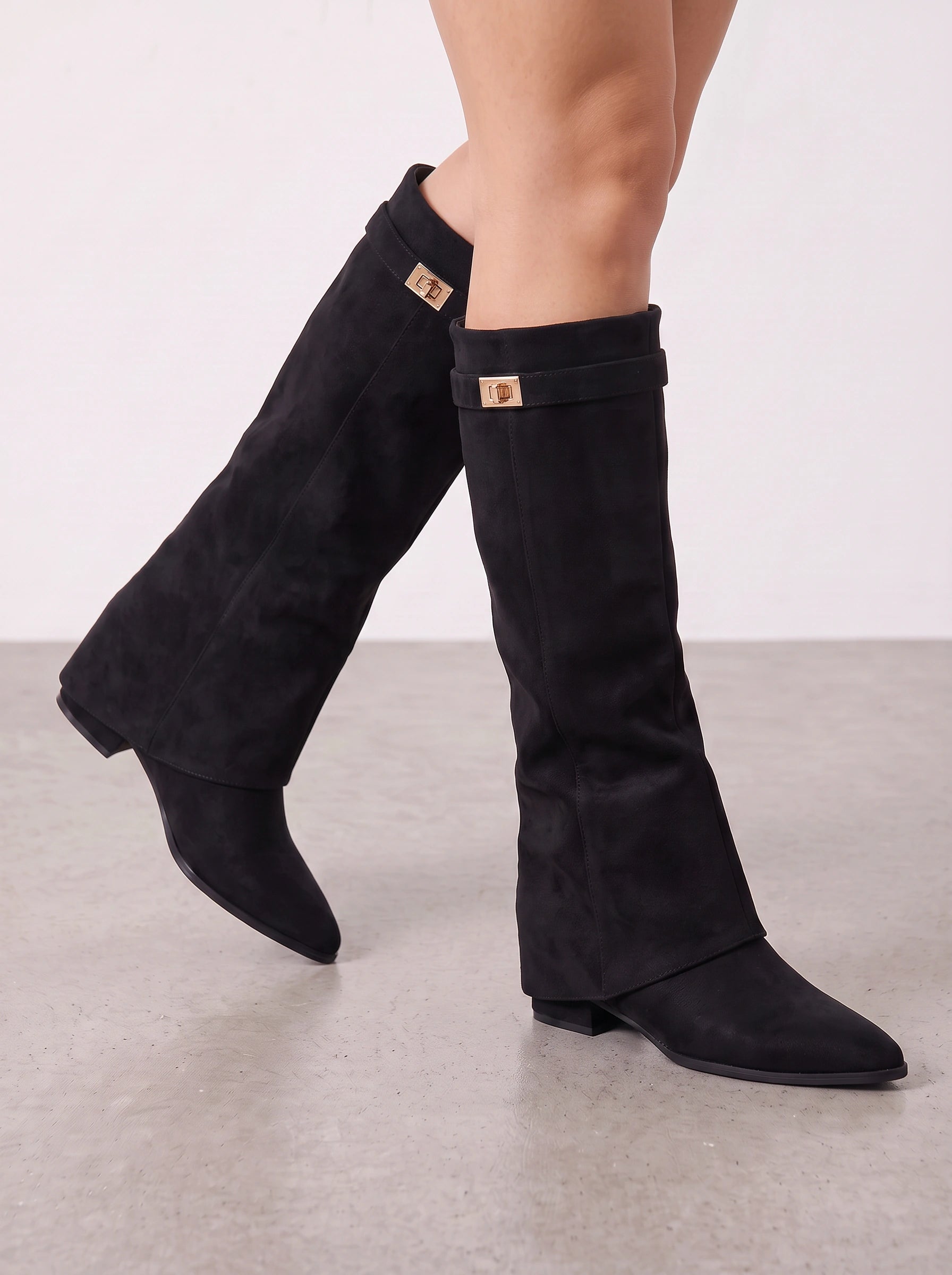 Turnova Foldover Knee-High Boots – Suede Knee Boots Women Pointed Toe Low Heel Winter Dress Boots