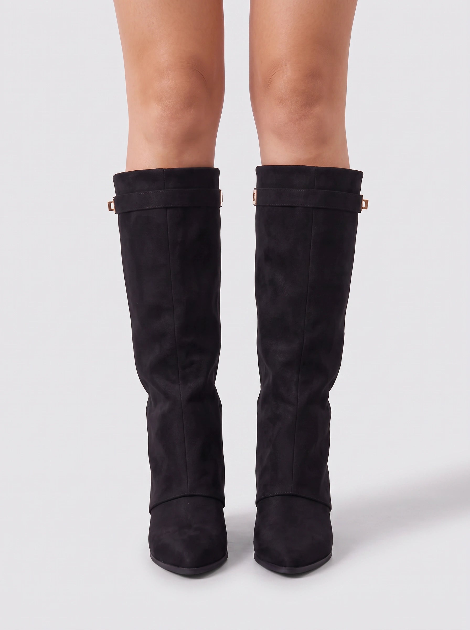Turnova Foldover Knee-High Boots – Suede Knee Boots Women Pointed Toe Low Heel Winter Dress Boots