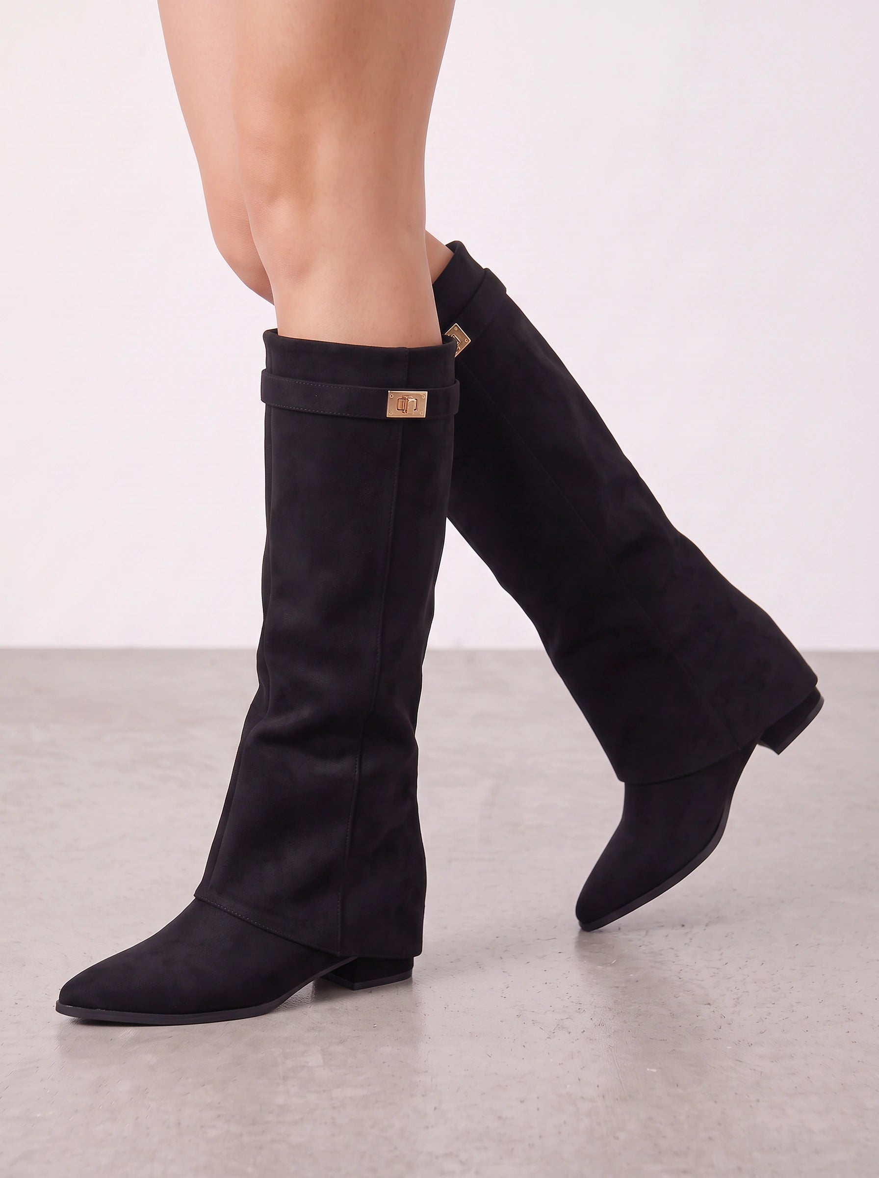 Turnova Foldover Knee-High Boots – Suede Knee Boots Women Pointed Toe Low Heel Winter Dress Boots