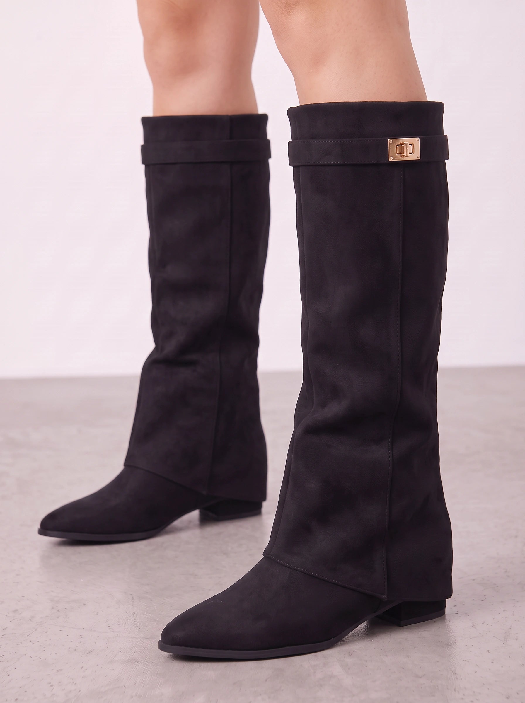 Turnova Foldover Knee-High Boots – Suede Knee Boots Women Pointed Toe Low Heel Winter Dress Boots