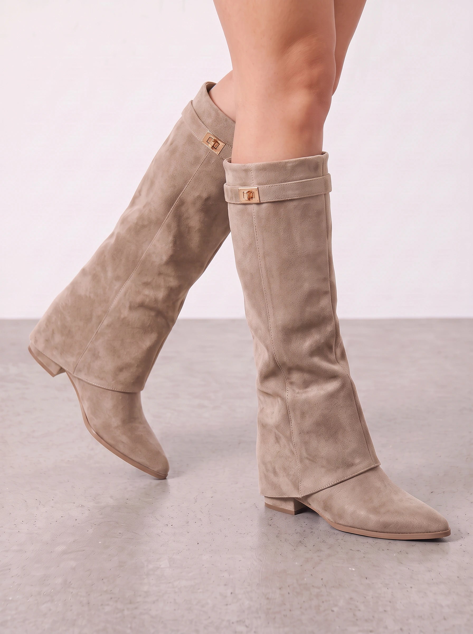 Turnova Foldover Knee-High Boots – Suede Knee Boots Women Pointed Toe Low Heel Winter Dress Boots
