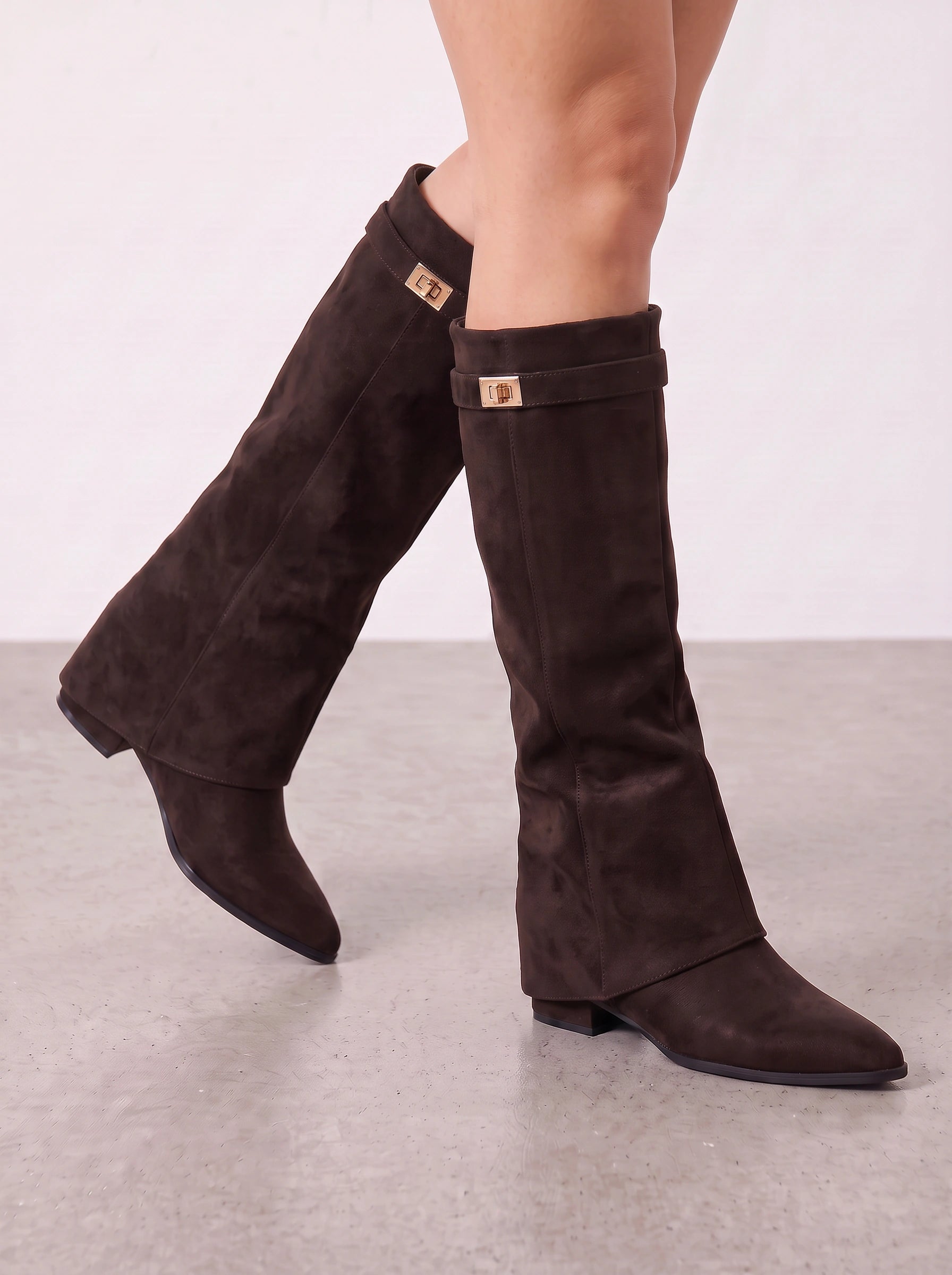 Turnova Foldover Knee-High Boots – Suede Knee Boots Women Pointed Toe Low Heel Winter Dress Boots