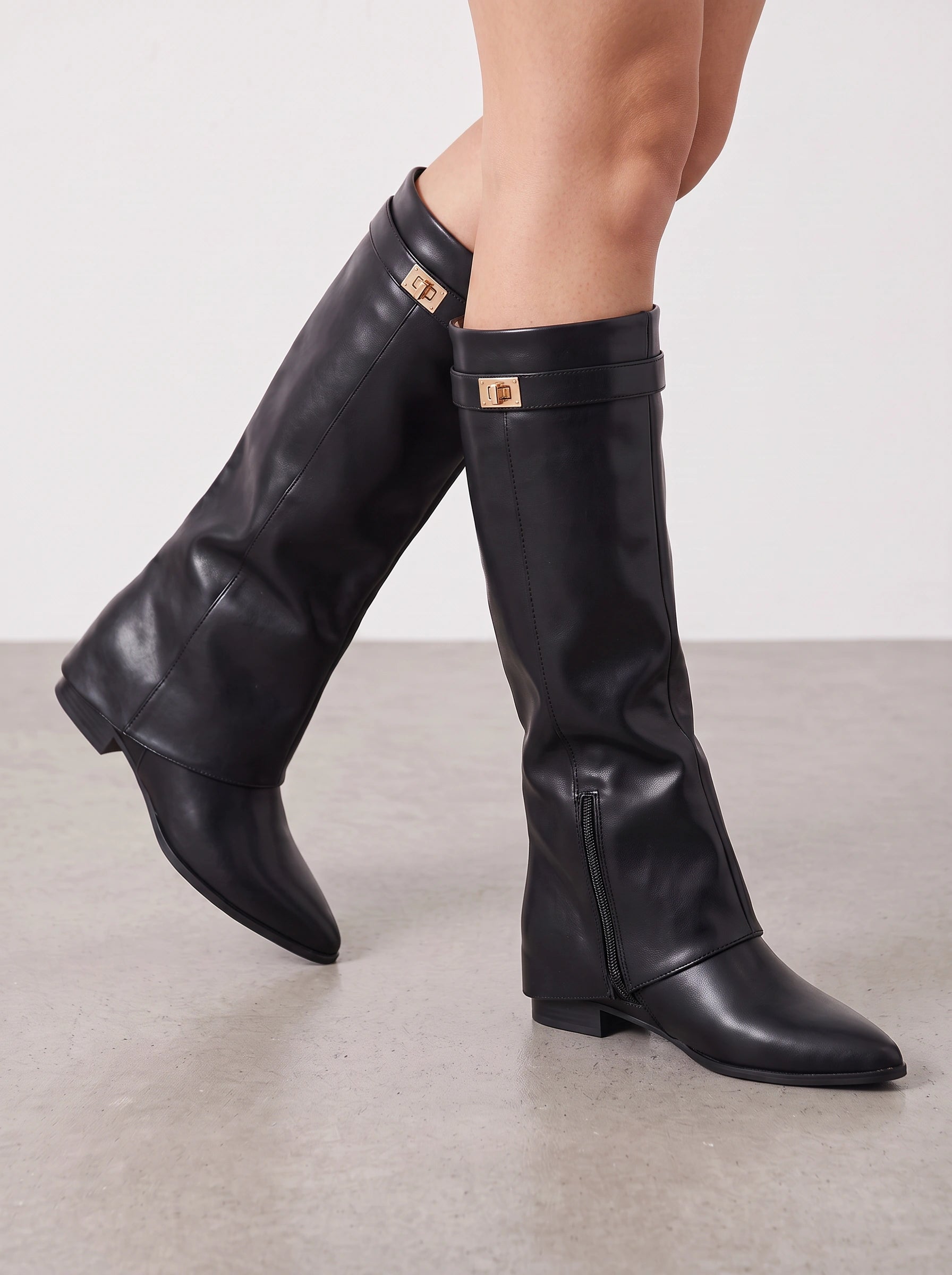 Turnova Foldover Knee-High Boots – Suede Knee Boots Women Pointed Toe Low Heel Winter Dress Boots