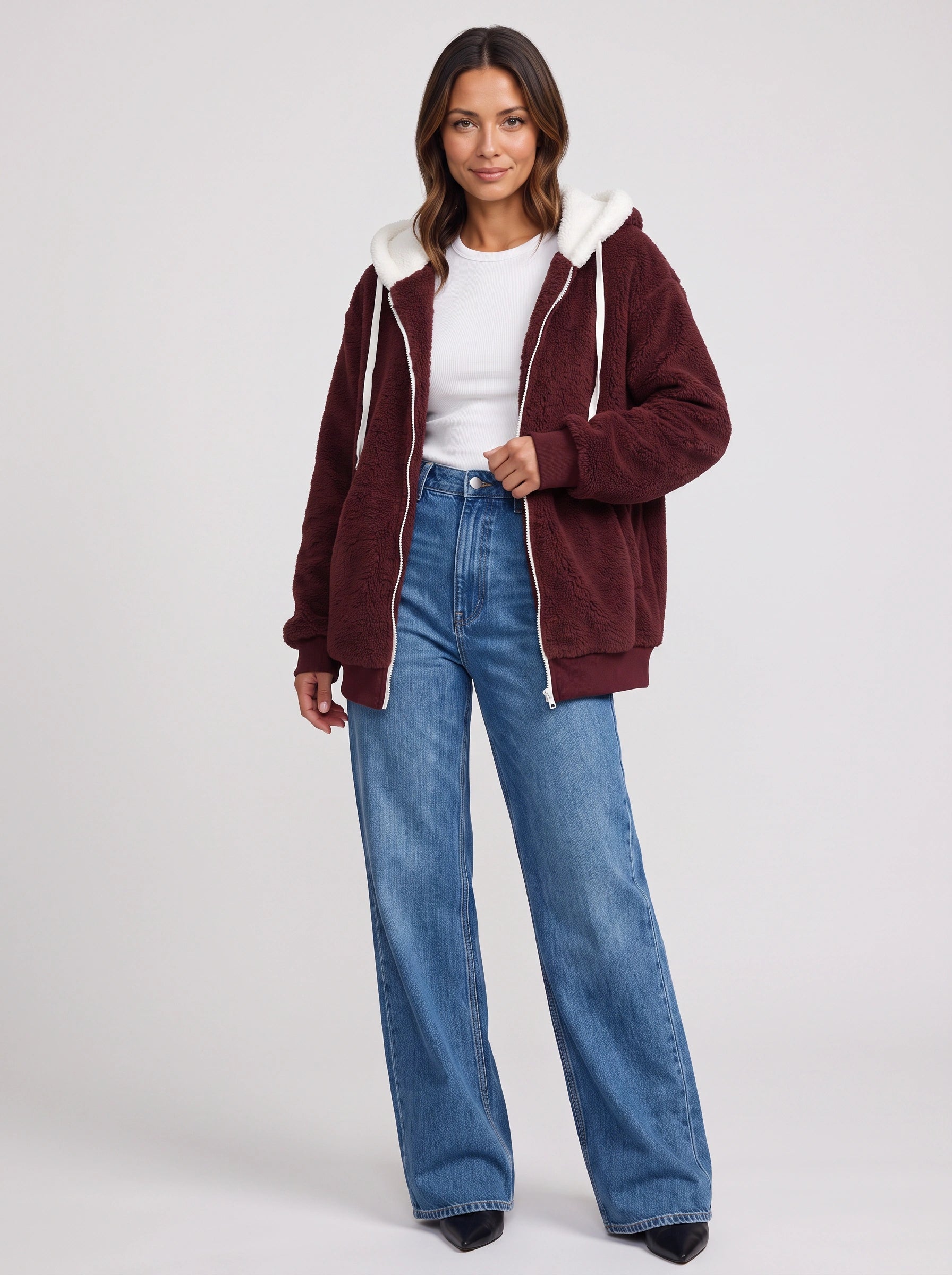 Borravae Sherpa Lined Hoodie Jacket – Oversized Zip-Up Women Winter Cozy Fleece Casual Streetwear Jacket