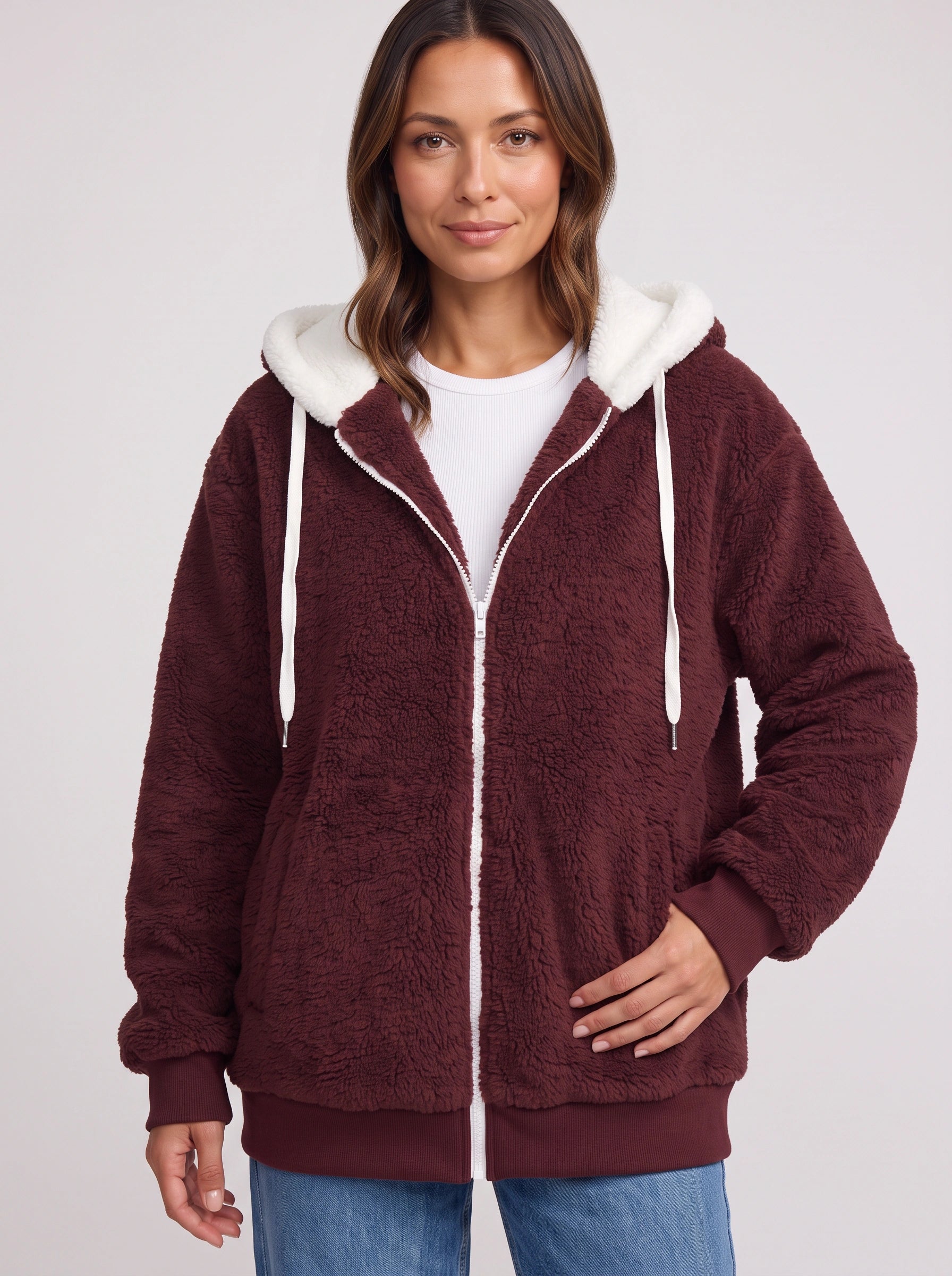 Borravae Sherpa Lined Hoodie Jacket – Oversized Zip-Up Women Winter Cozy Fleece Casual Streetwear Jacket