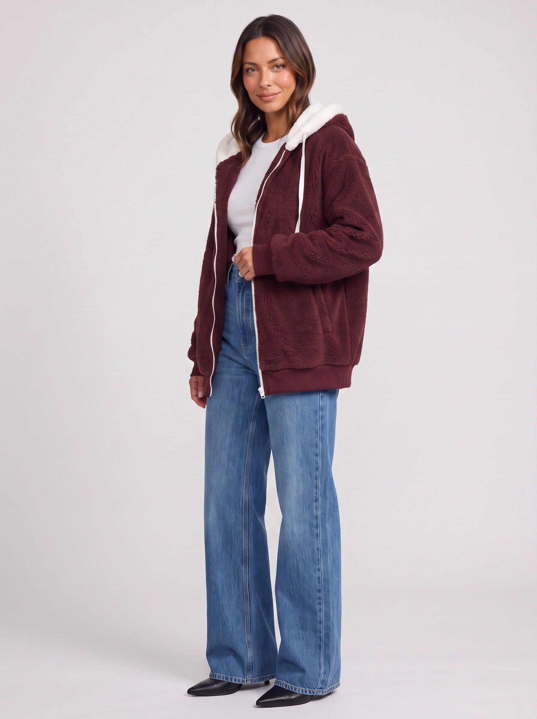 Borravae Sherpa Lined Hoodie Jacket – Oversized Zip-Up Women Winter Cozy Fleece Casual Streetwear Jacket