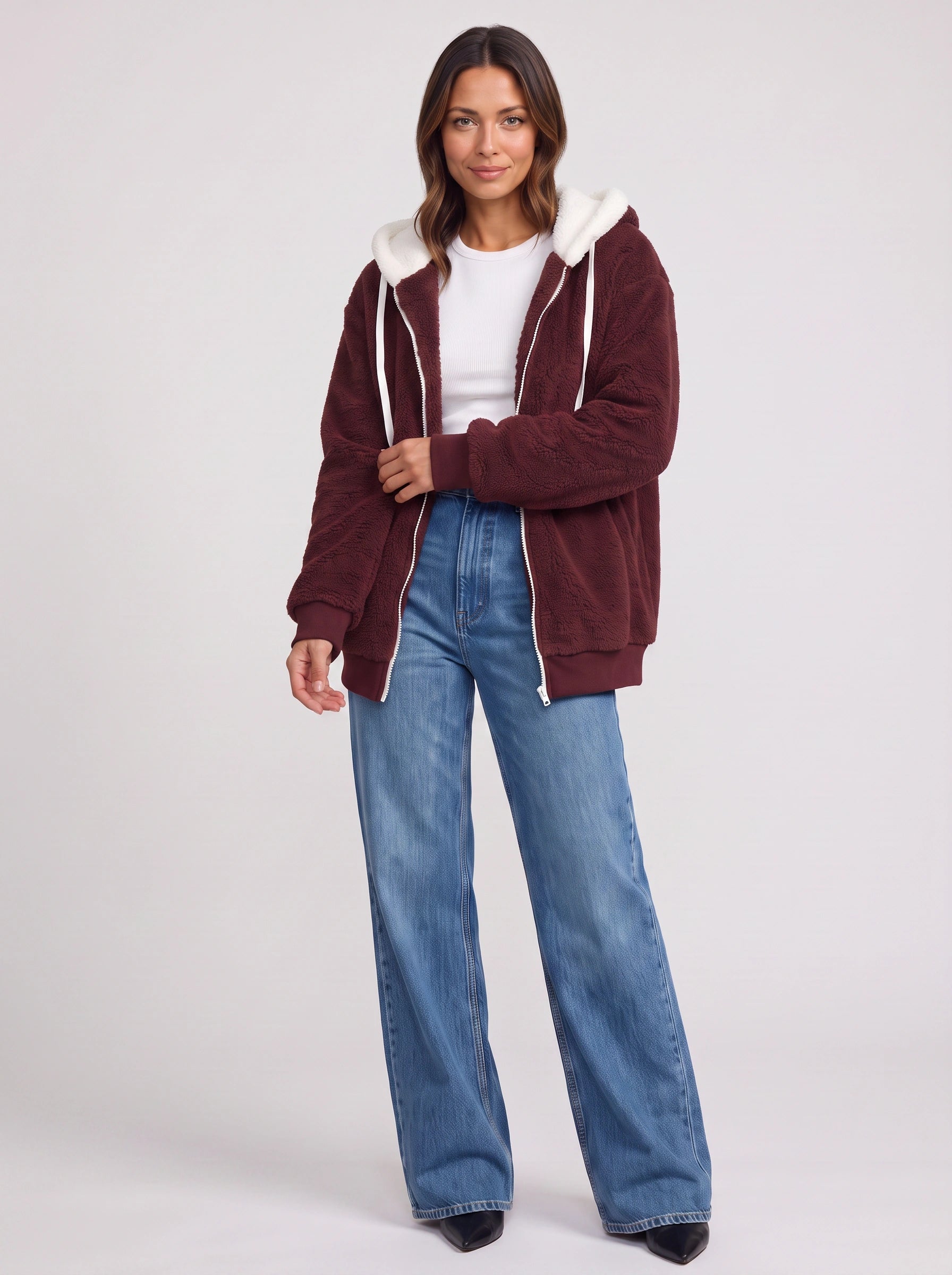 Borravae Sherpa Lined Hoodie Jacket – Oversized Zip-Up Women Winter Cozy Fleece Casual Streetwear Jacket