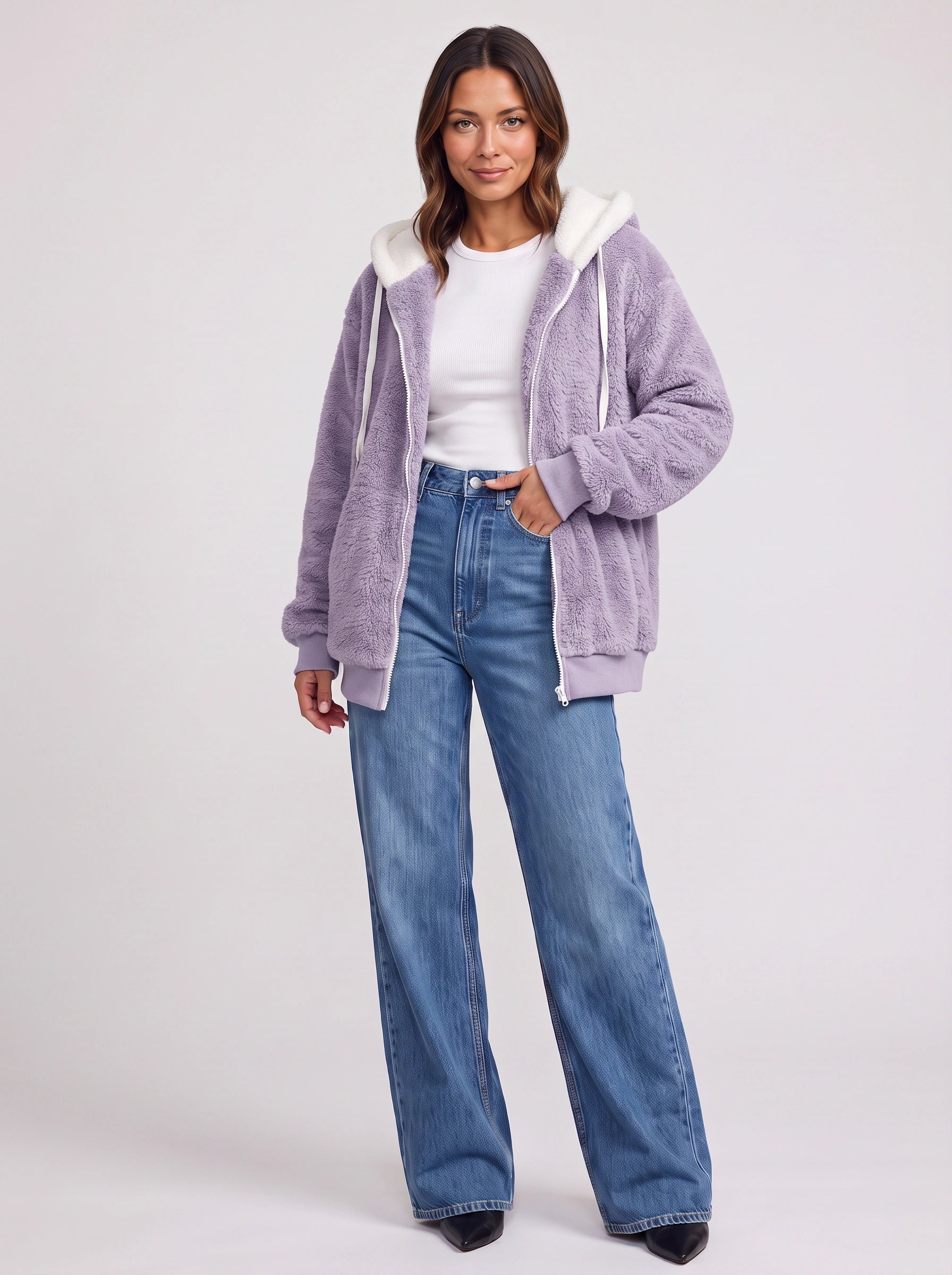 Borravae Sherpa Lined Hoodie Jacket – Oversized Zip-Up Women Winter Cozy Fleece Casual Streetwear Jacket