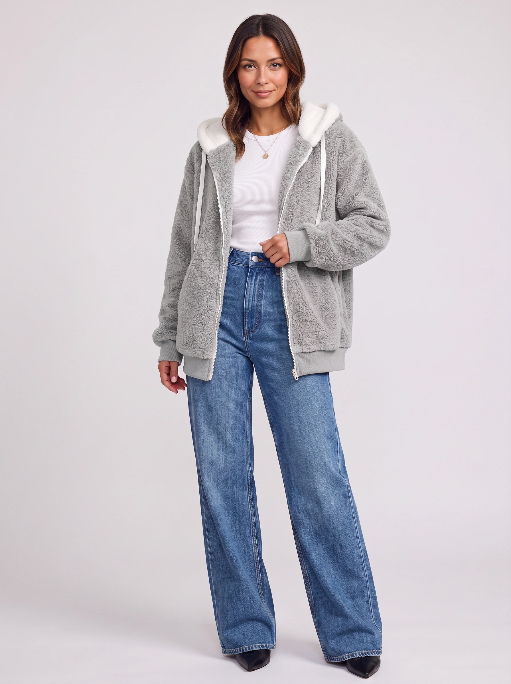 Borravae Sherpa Lined Hoodie Jacket – Oversized Zip-Up Women Winter Cozy Fleece Casual Streetwear Jacket