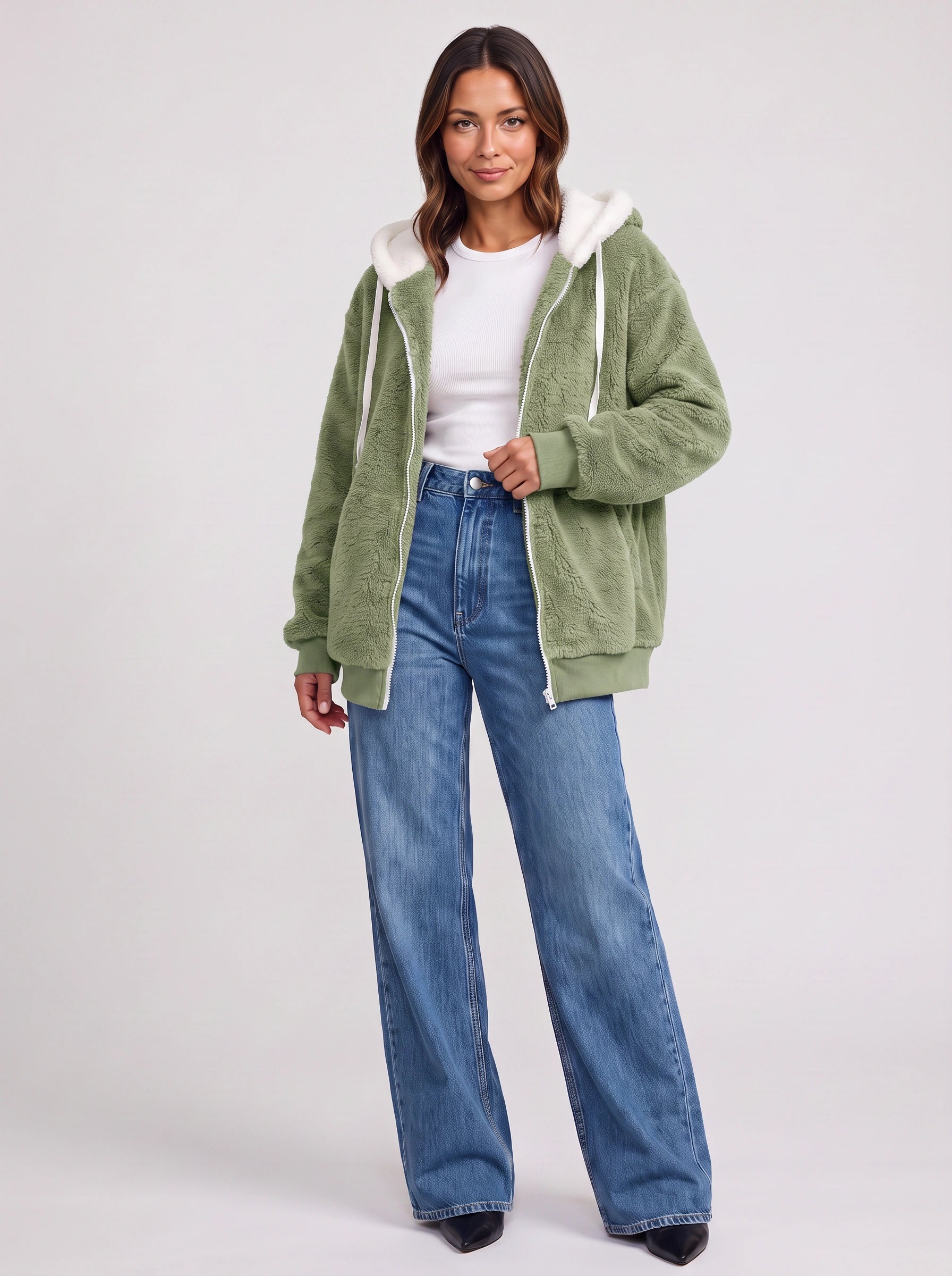 Borravae Sherpa Lined Hoodie Jacket – Oversized Zip-Up Women Winter Cozy Fleece Casual Streetwear Jacket