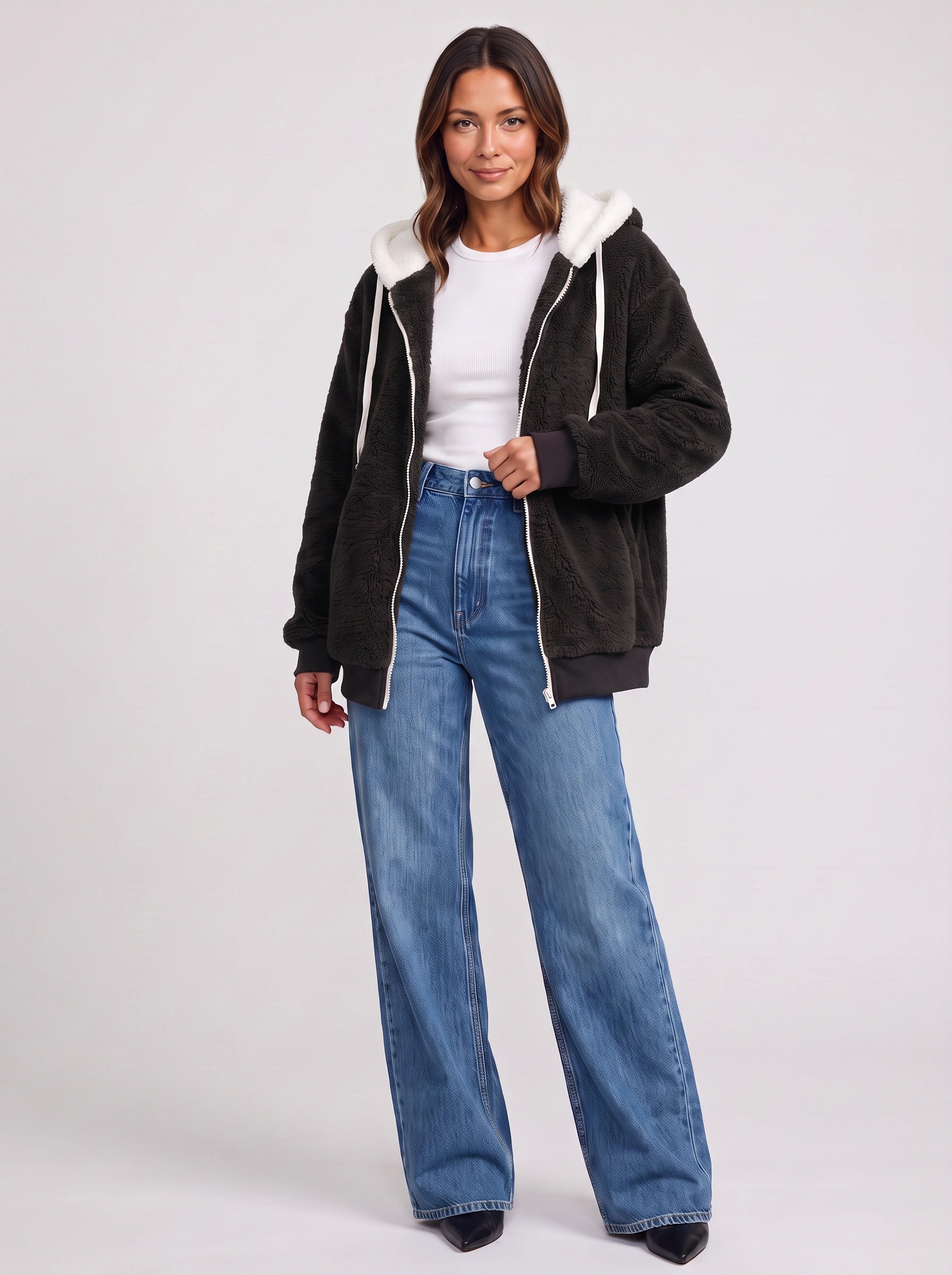 Borravae Sherpa Lined Hoodie Jacket – Oversized Zip-Up Women Winter Cozy Fleece Casual Streetwear Jacket