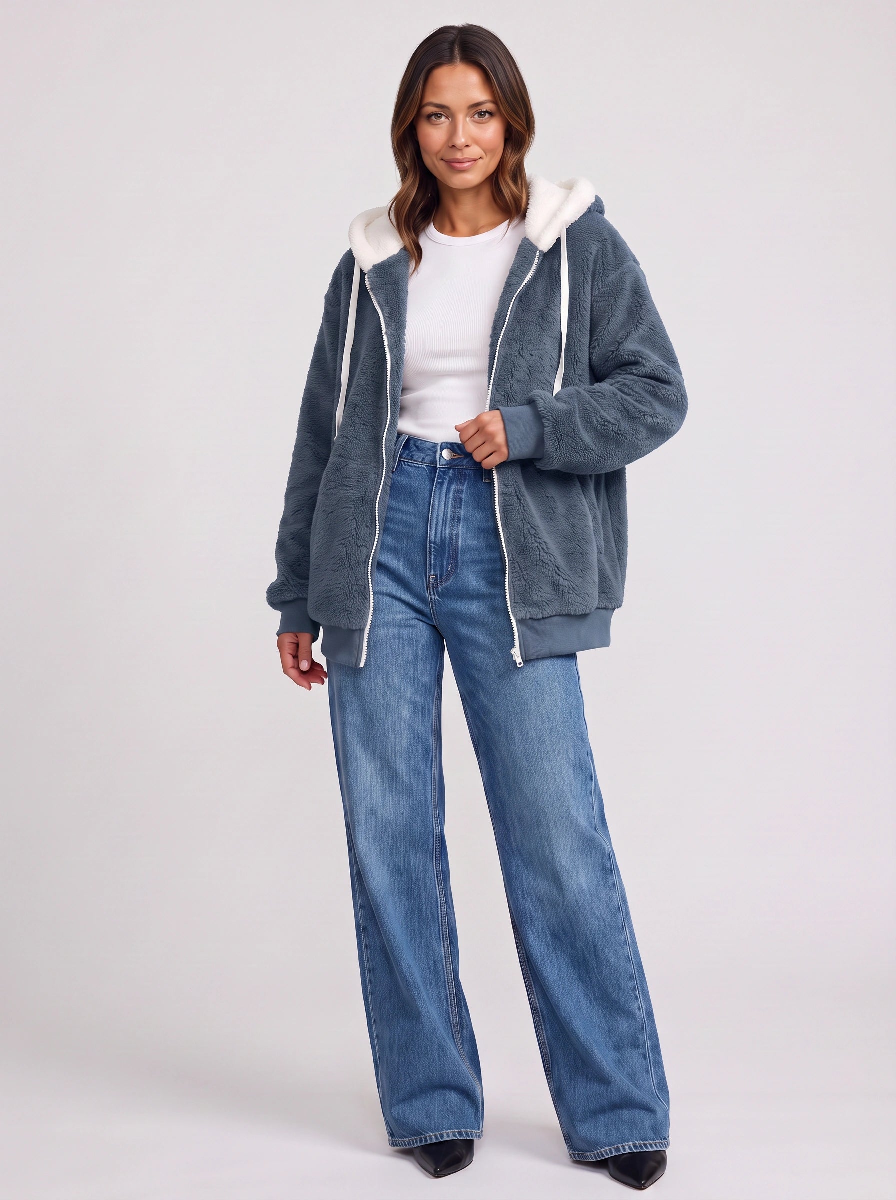 Borravae Sherpa Lined Hoodie Jacket – Oversized Zip-Up Women Winter Cozy Fleece Casual Streetwear Jacket