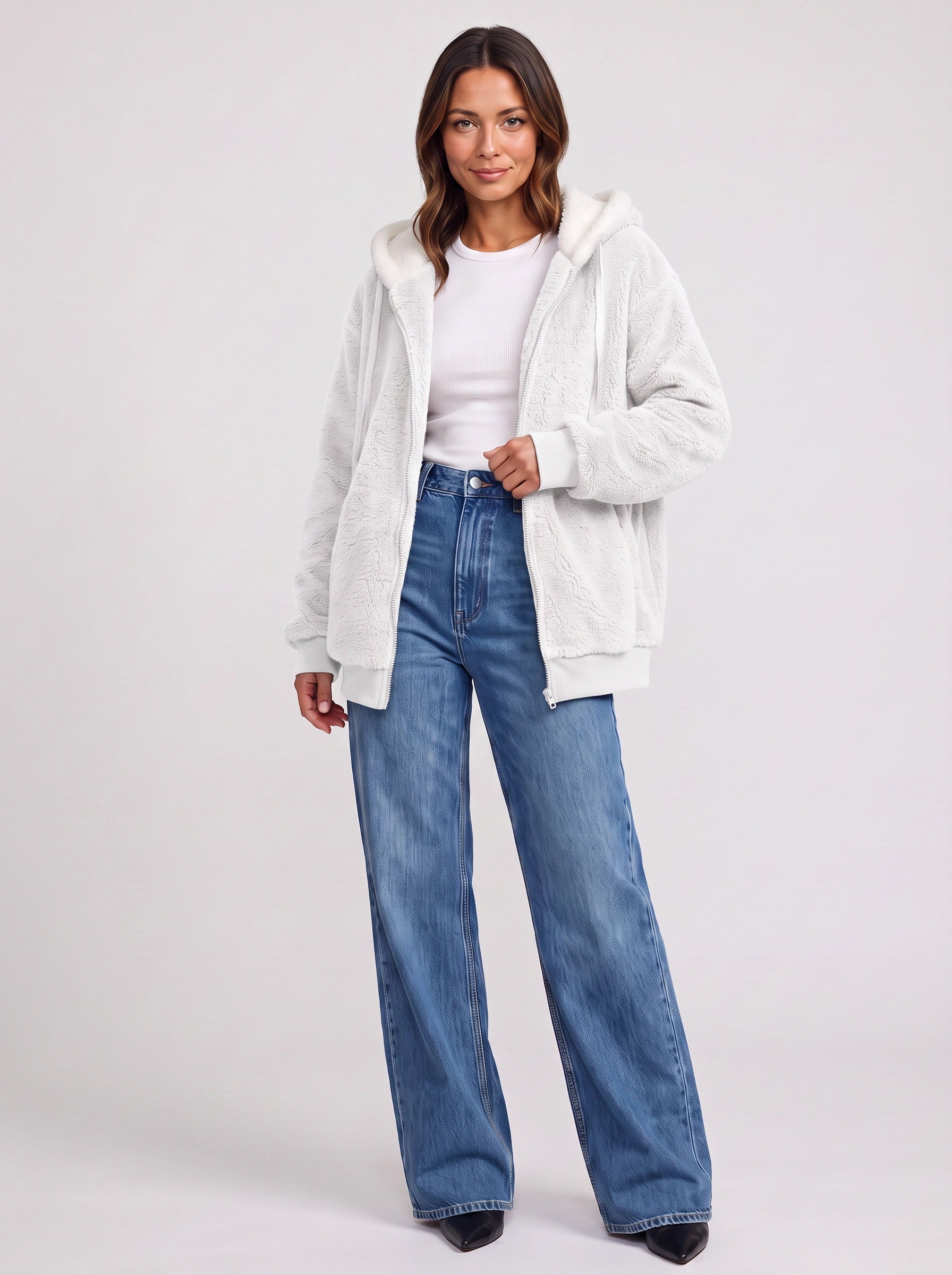 Borravae Sherpa Lined Hoodie Jacket – Oversized Zip-Up Women Winter Cozy Fleece Casual Streetwear Jacket