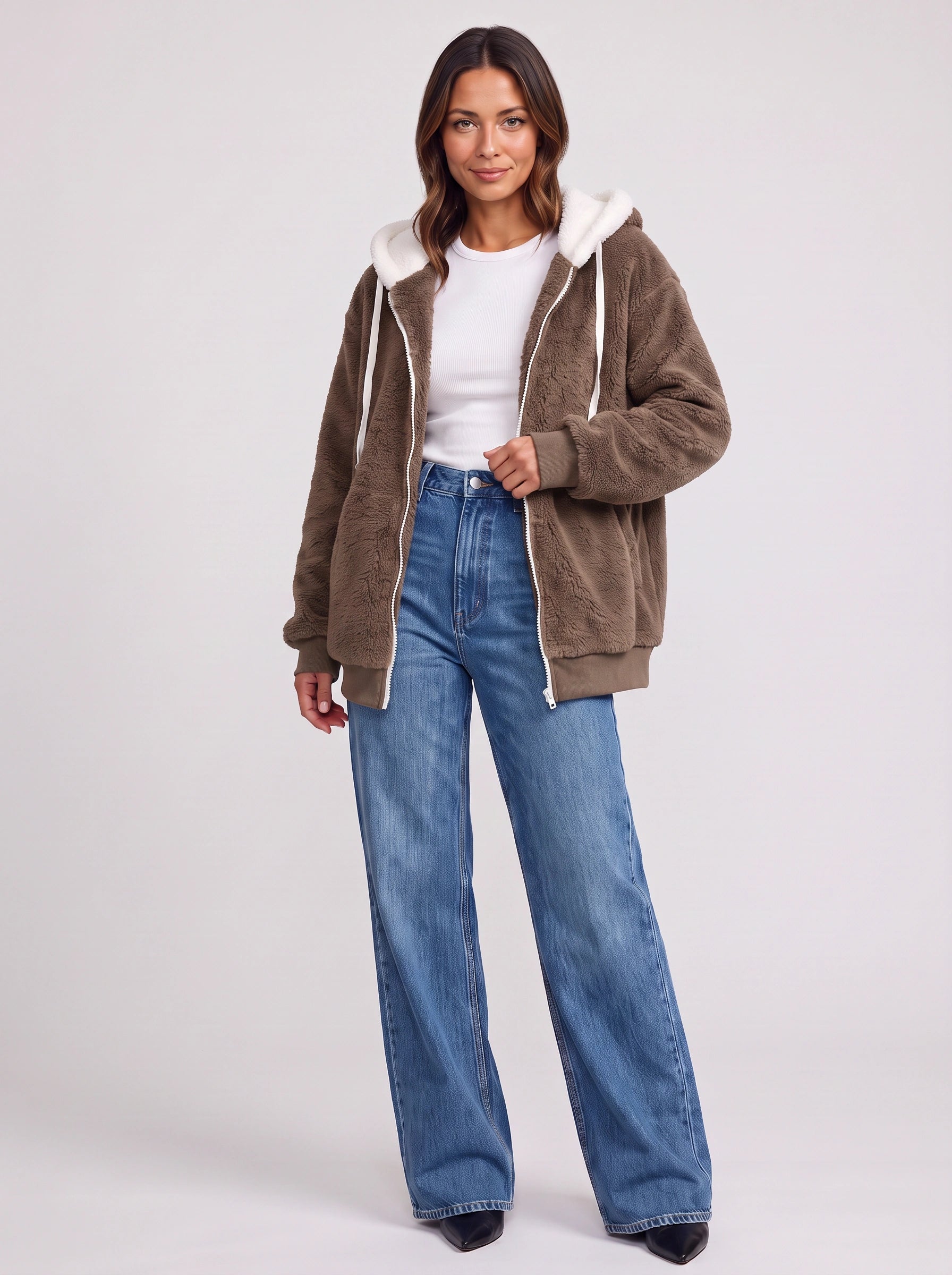 Borravae Sherpa Lined Hoodie Jacket – Oversized Zip-Up Women Winter Cozy Fleece Casual Streetwear Jacket