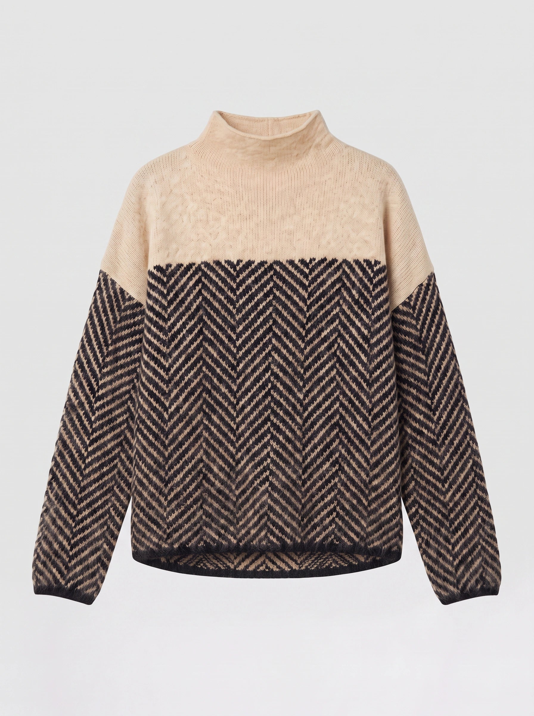Chevrin Colorblock Mock Neck Sweater – Women Oversized Turtleneck Knit Chevron Pattern Winter Pullover Top