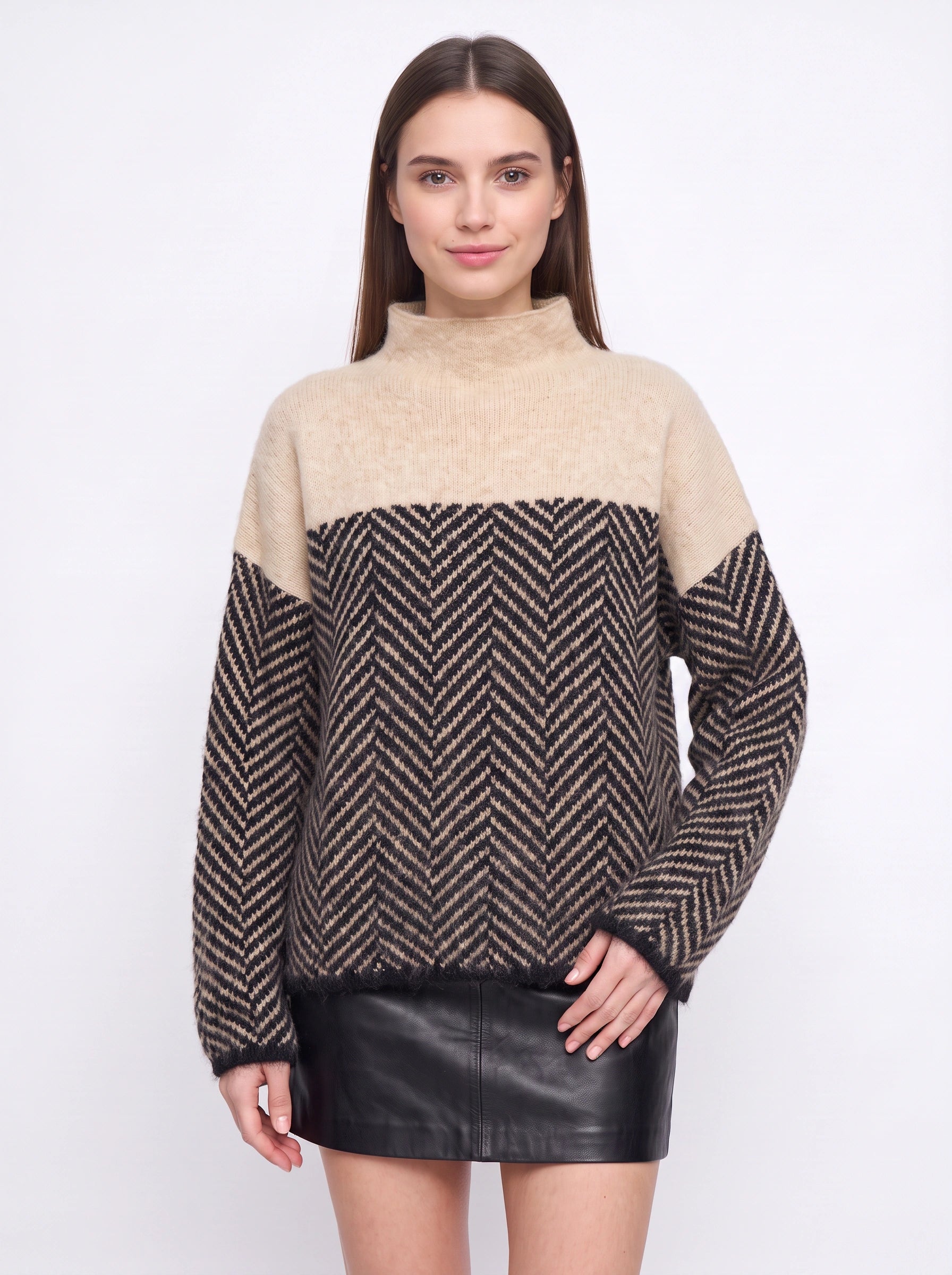 Chevrin Colorblock Mock Neck Sweater – Women Oversized Turtleneck Knit Chevron Pattern Winter Pullover Top