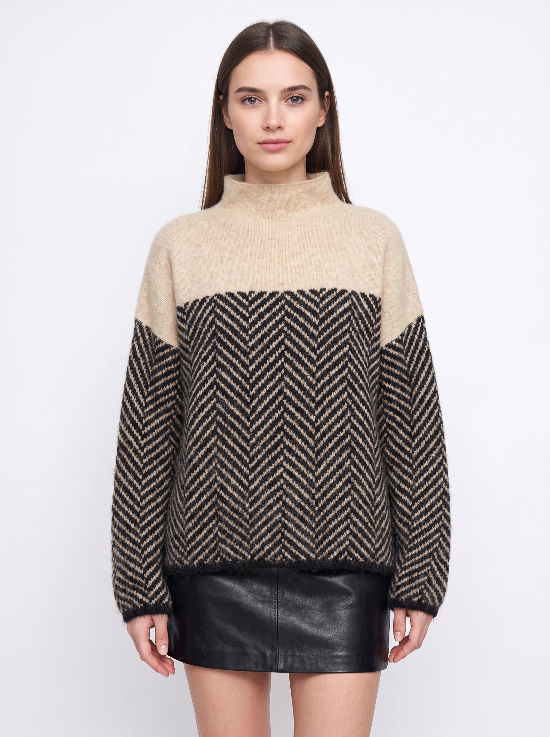 Chevrin Colorblock Mock Neck Sweater – Women Oversized Turtleneck Knit Chevron Pattern Winter Pullover Top