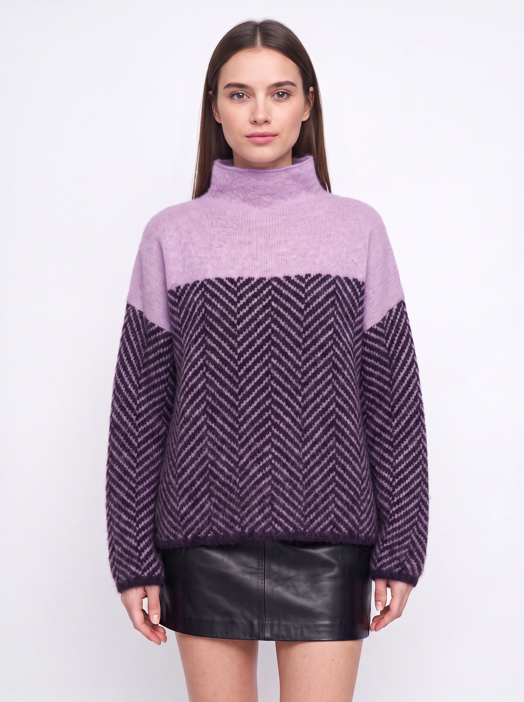Chevrin Colorblock Mock Neck Sweater – Women Oversized Turtleneck Knit Chevron Pattern Winter Pullover Top