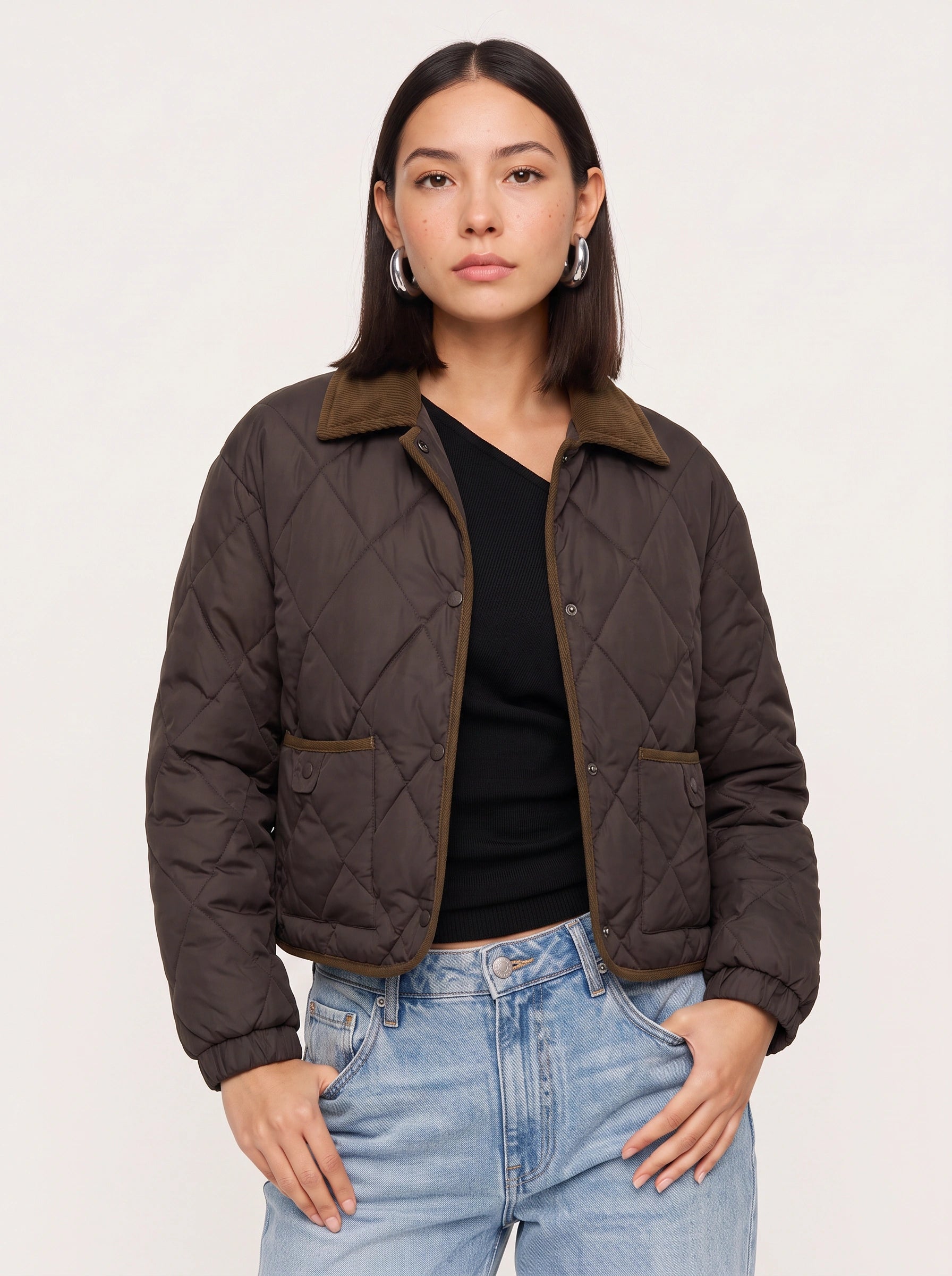 Quiltrend Diamond Quilted Cropped Puffer Jacket – Women Corduroy Collar Winter Outerwear Casual Streetwear Coat
