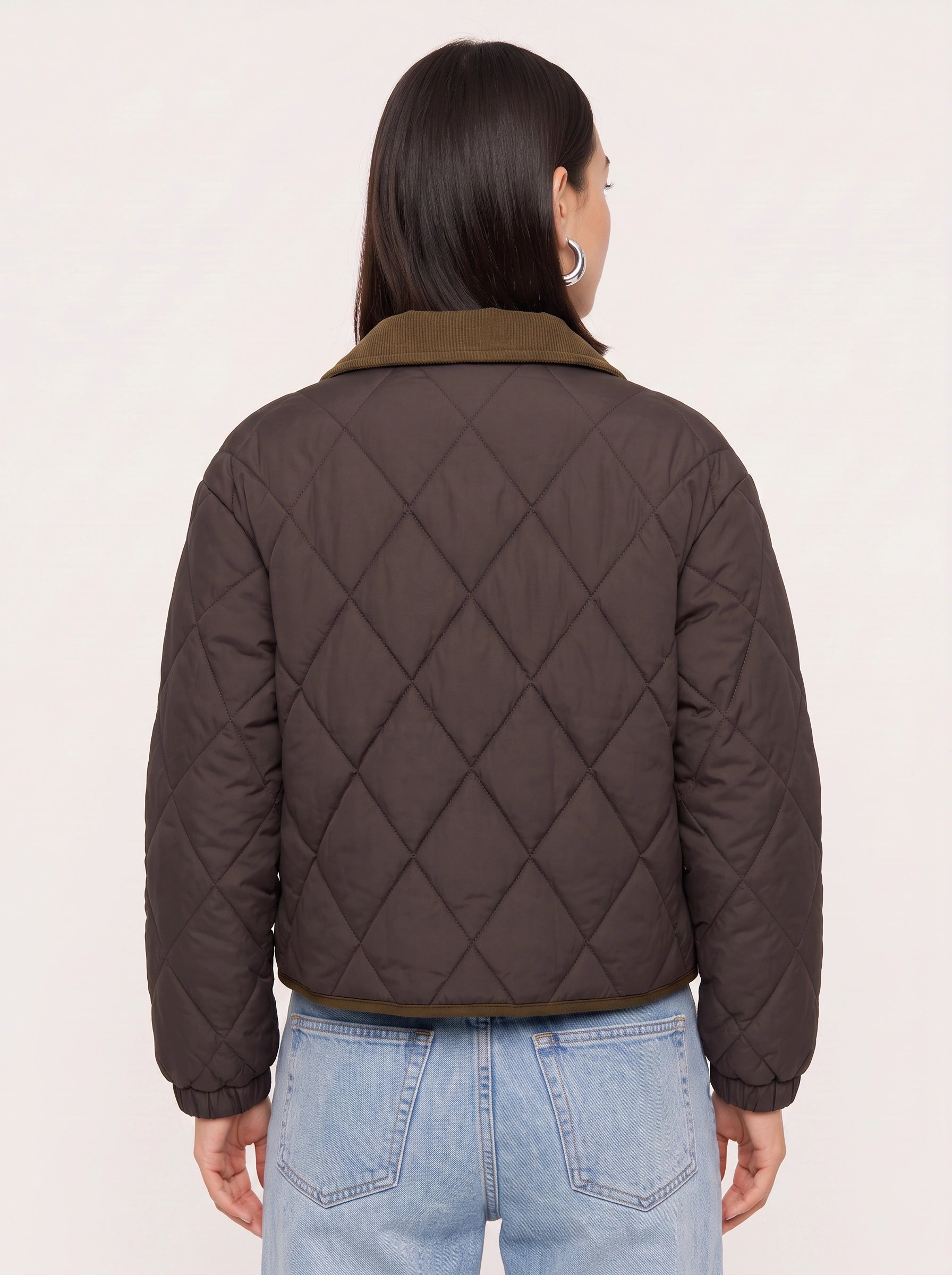 Quiltrend Diamond Quilted Cropped Puffer Jacket – Women Corduroy Collar Winter Outerwear Casual Streetwear Coat