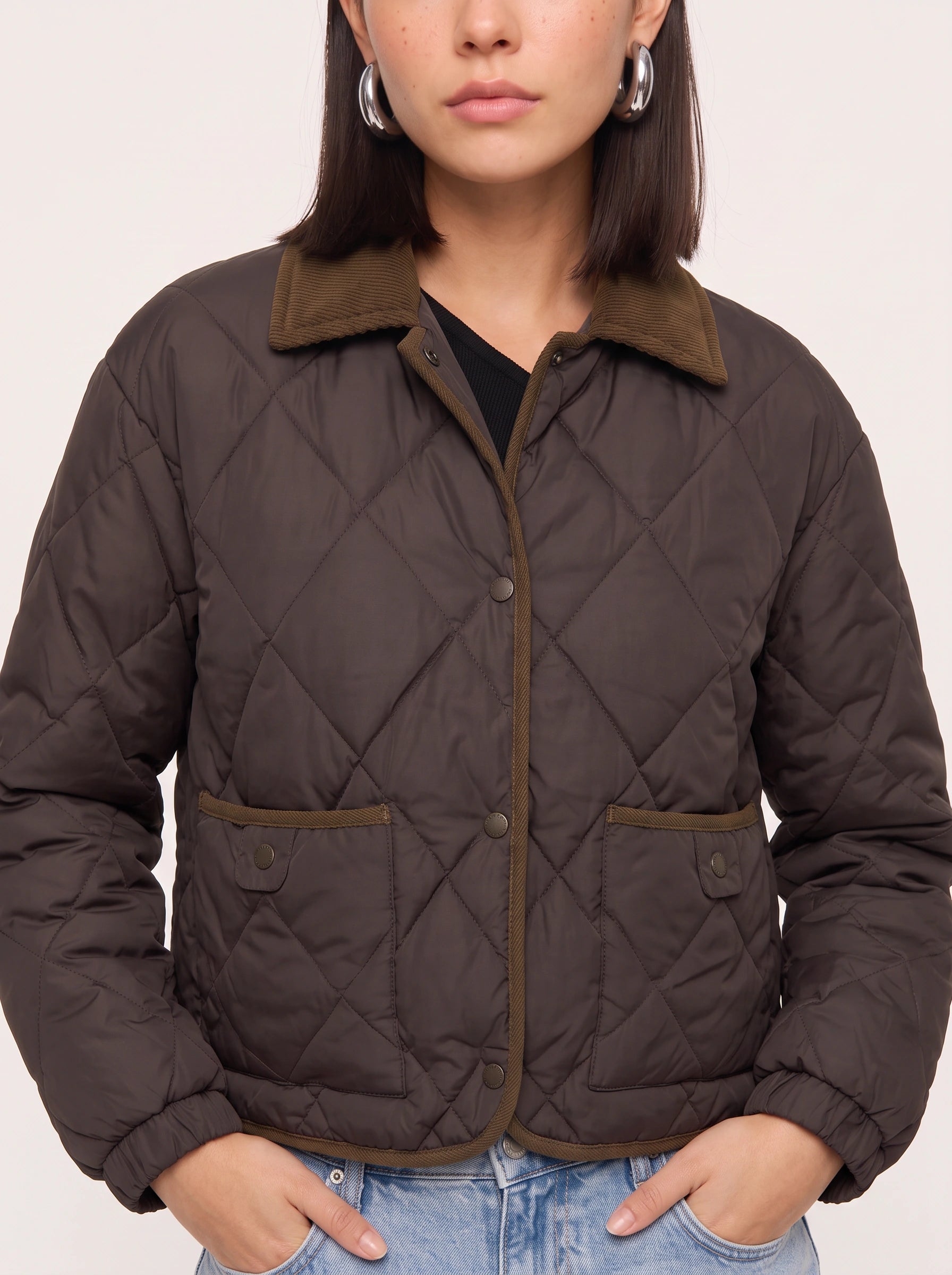 Quiltrend Diamond Quilted Cropped Puffer Jacket – Women Corduroy Collar Winter Outerwear Casual Streetwear Coat