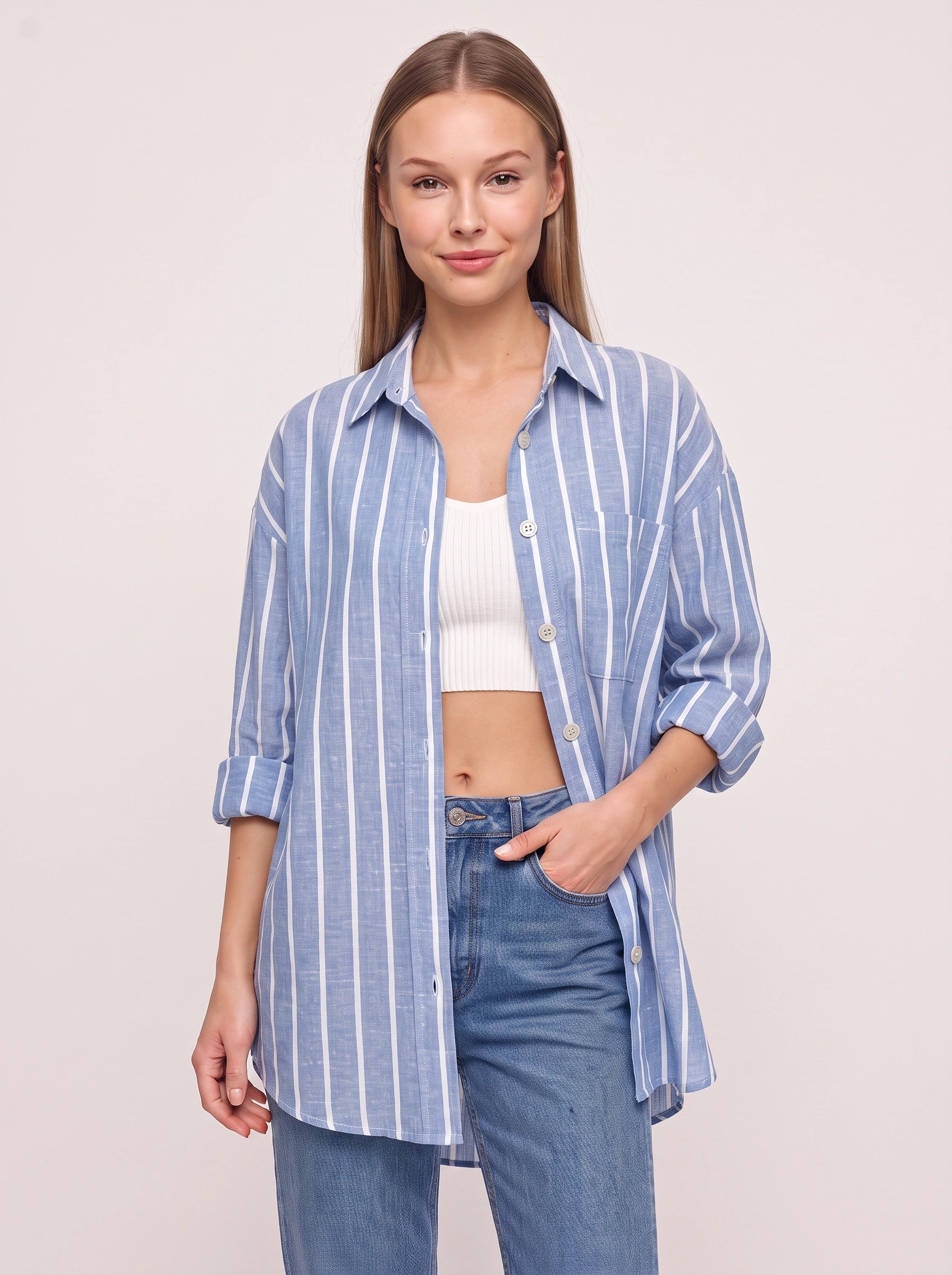 Rigatto Oversized Button-Down Shirt – Striped Women Casual Boyfriend Longline Collared Button Up Shirt