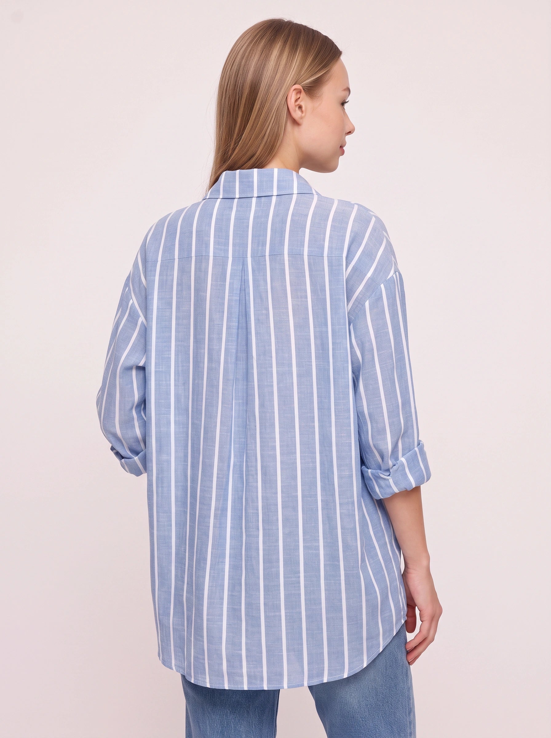 Rigatto Oversized Button-Down Shirt – Striped Women Casual Boyfriend Longline Collared Button Up Shirt