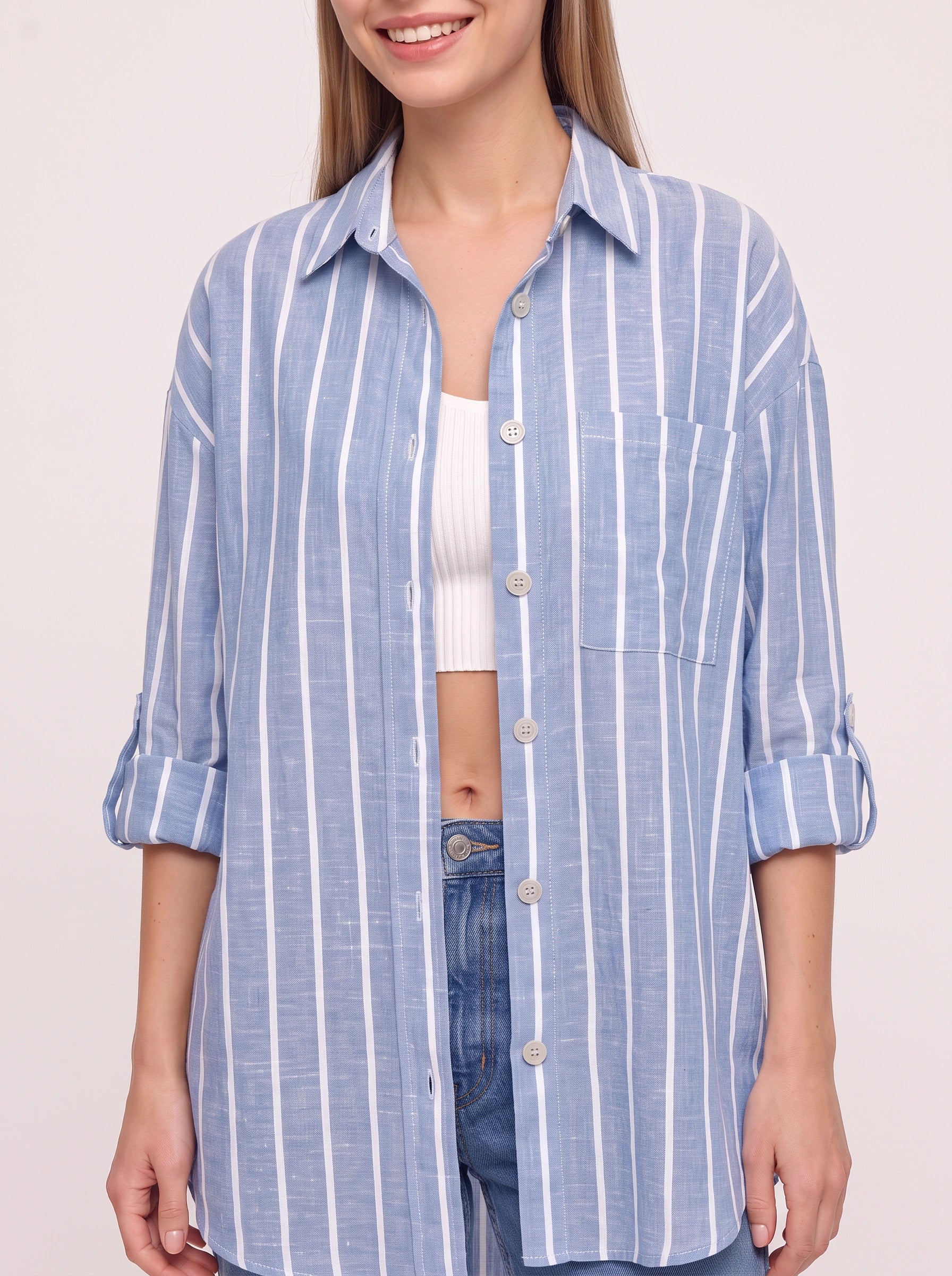 Rigatto Oversized Button-Down Shirt – Striped Women Casual Boyfriend Longline Collared Button Up Shirt