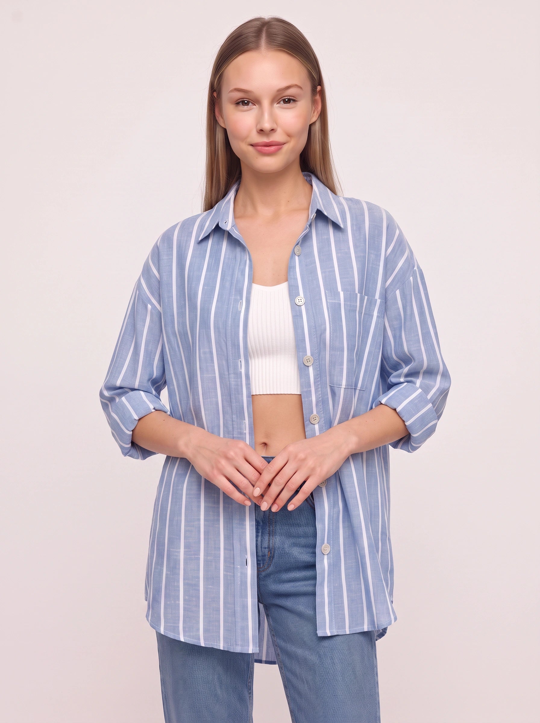 Rigatto Oversized Button-Down Shirt – Striped Women Casual Boyfriend Longline Collared Button Up Shirt